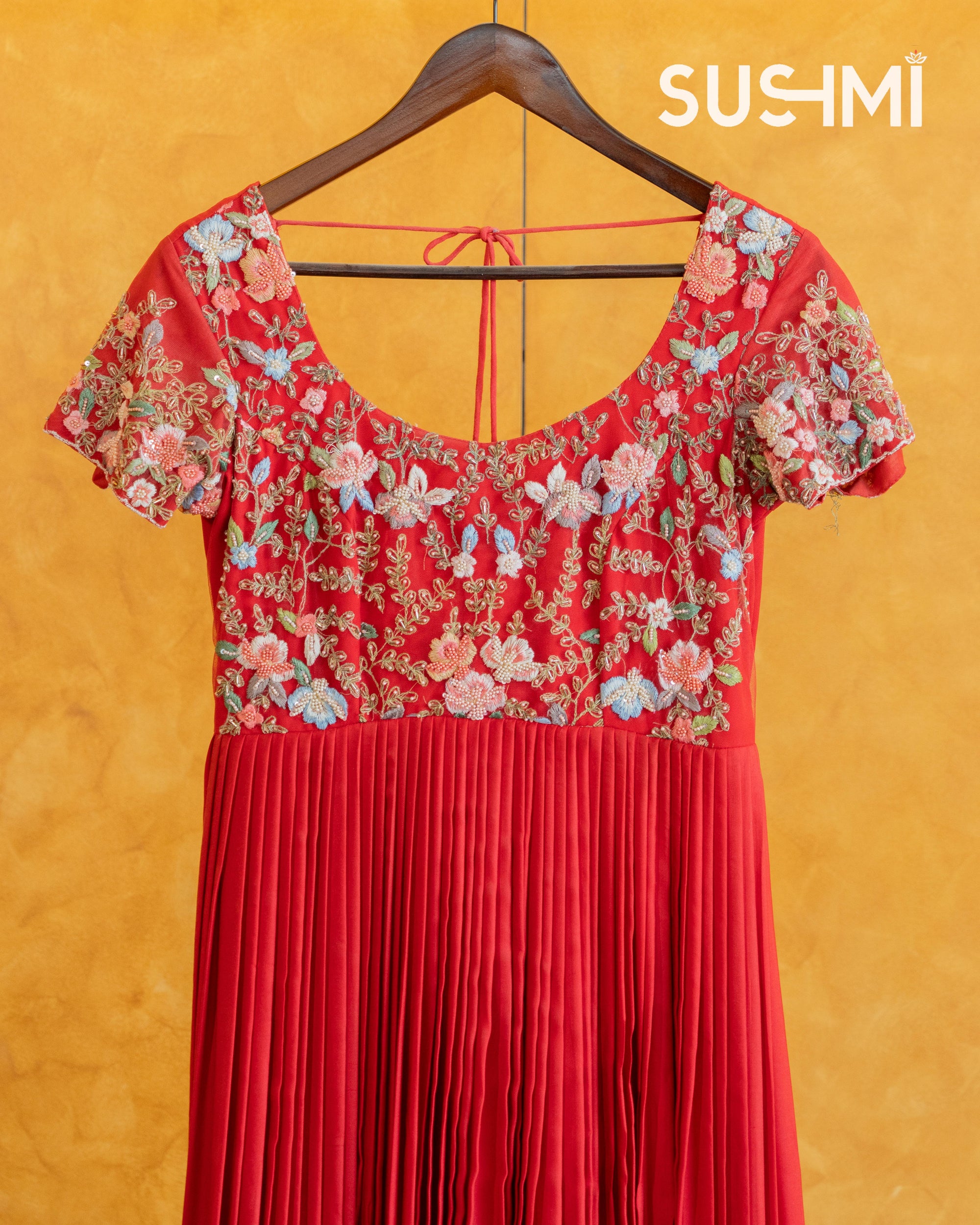 Red Modal Satin Silk Long Frock with heavy handwork yoke