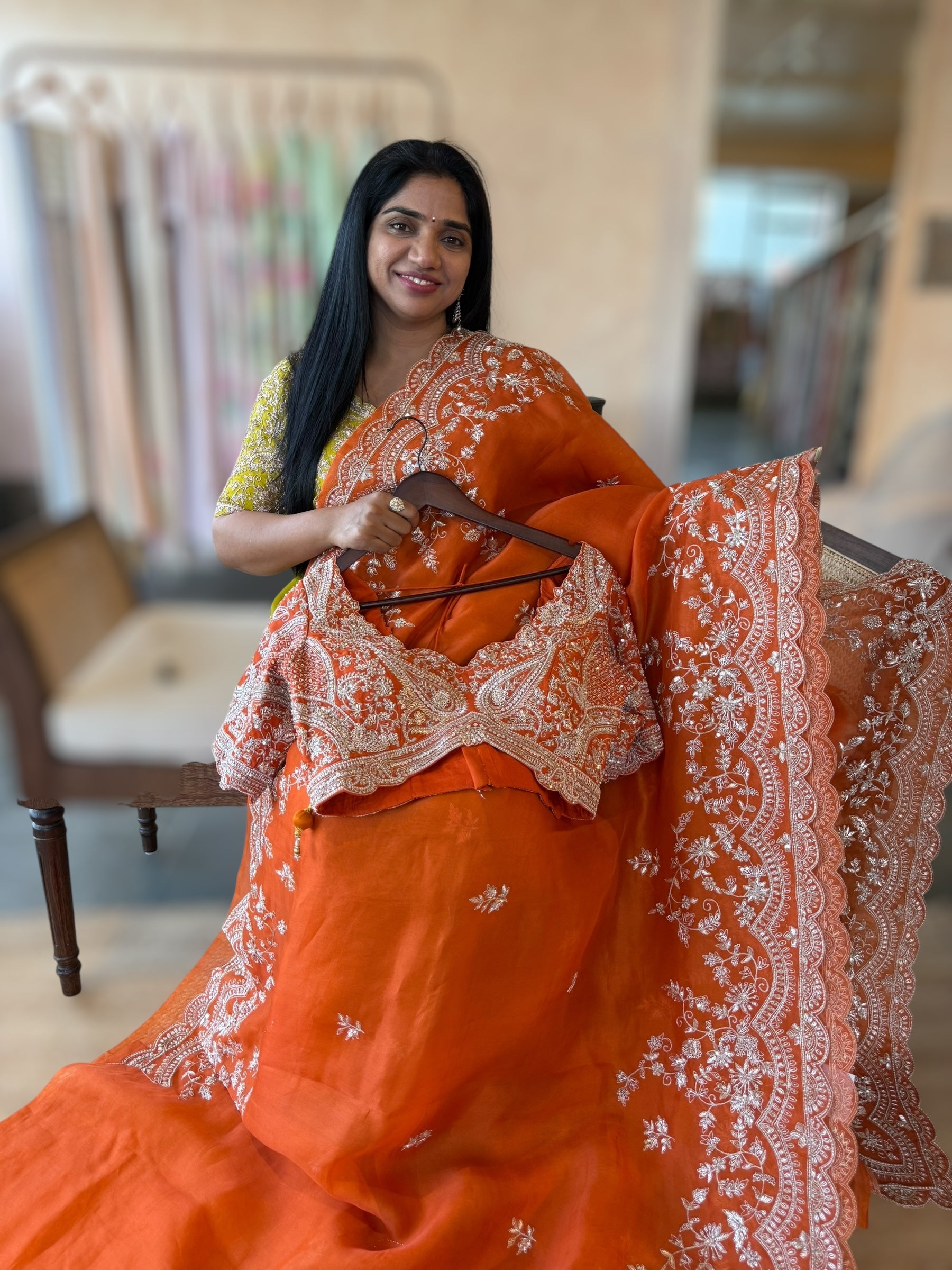 Orange Organza Handwork Saree