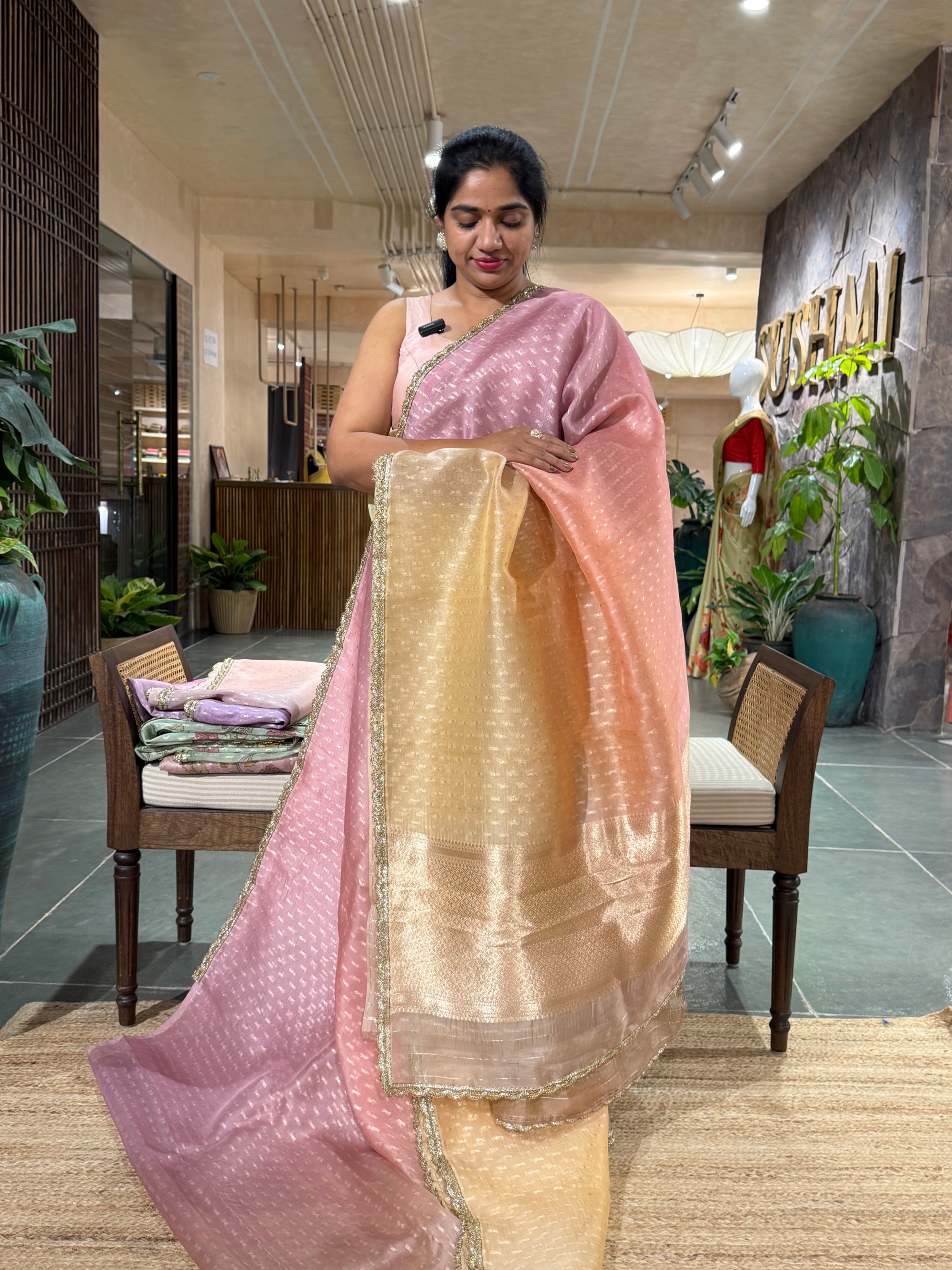 Ombre Dyed Pure Organza Saree with allover zari butis and  Embroidered Blouse