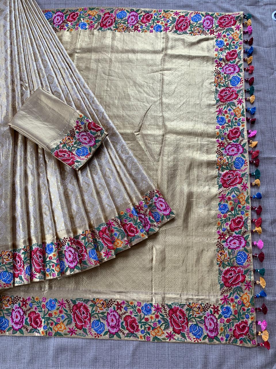 Pure Kanchi Tissue Brocade Saree with Petite Point Embroidery