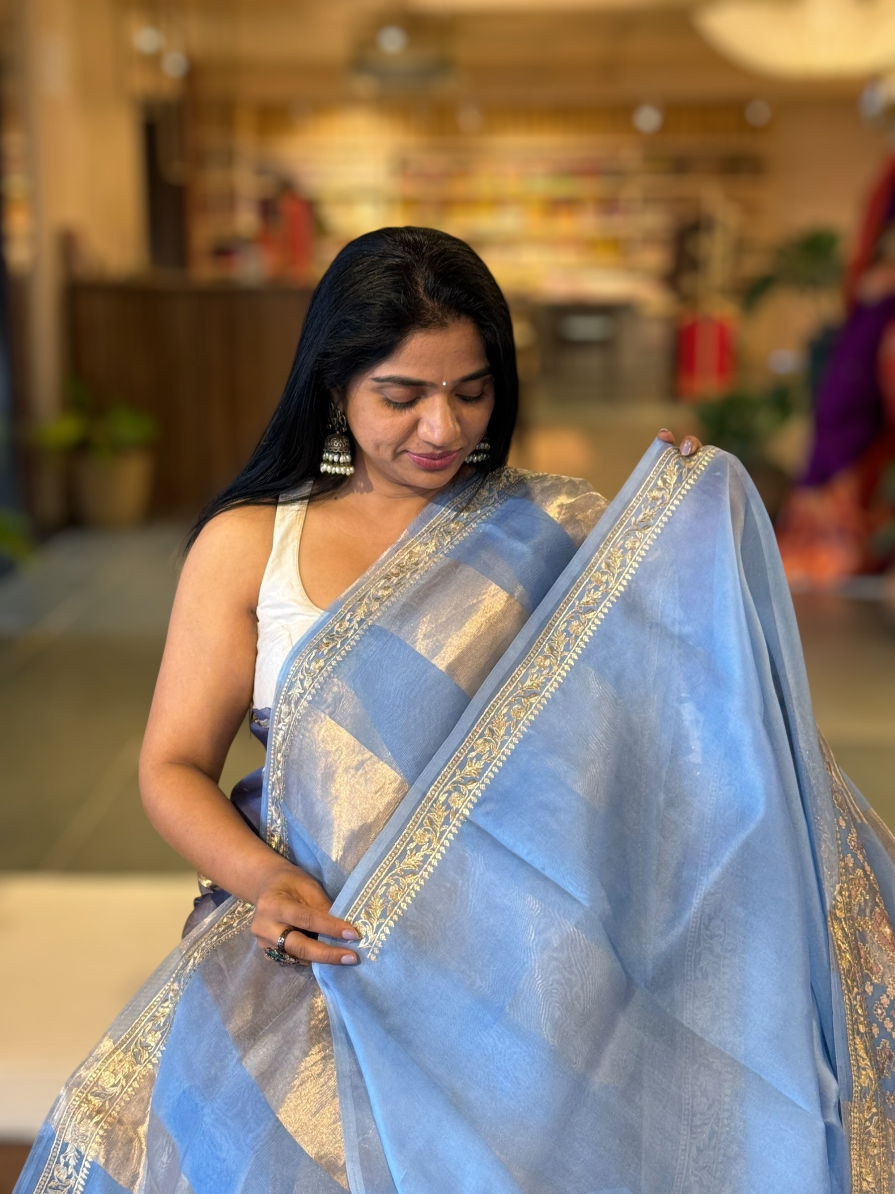 Dark SkyBlue Kora Tissue Stripes Saree Wth Jamdani  & Pichwai embroidered Border