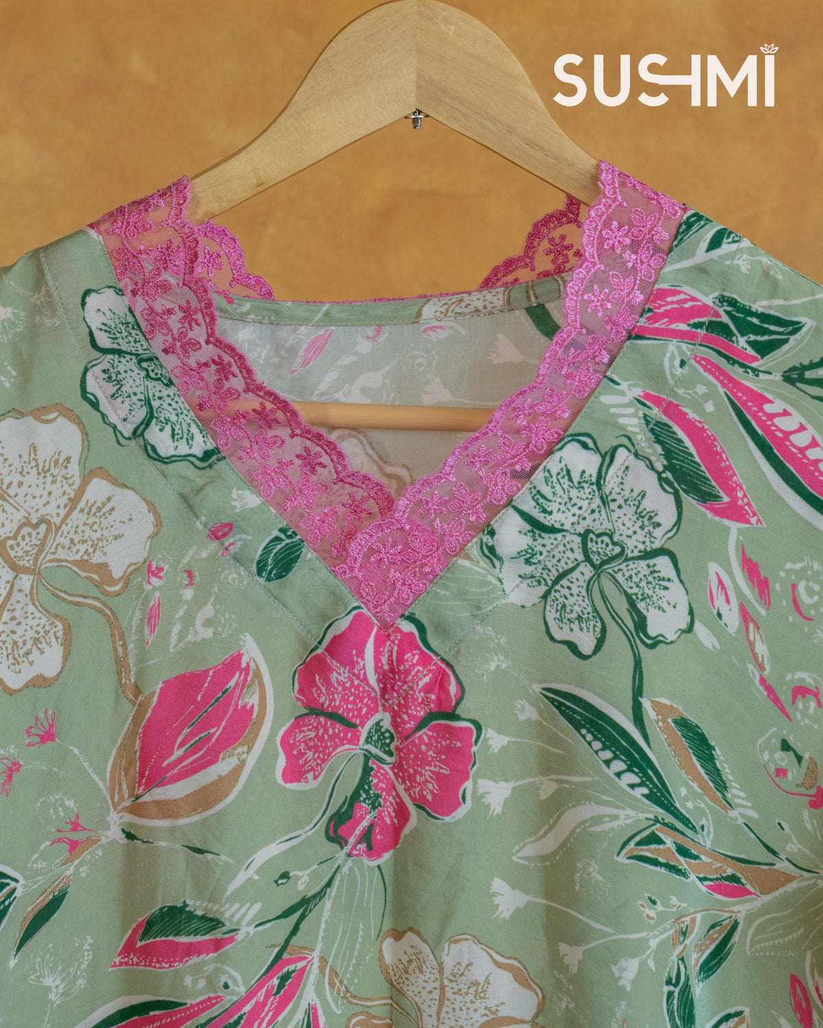 Floral printed coordset with lace hemline for neck and sleeves .Bottom is also p