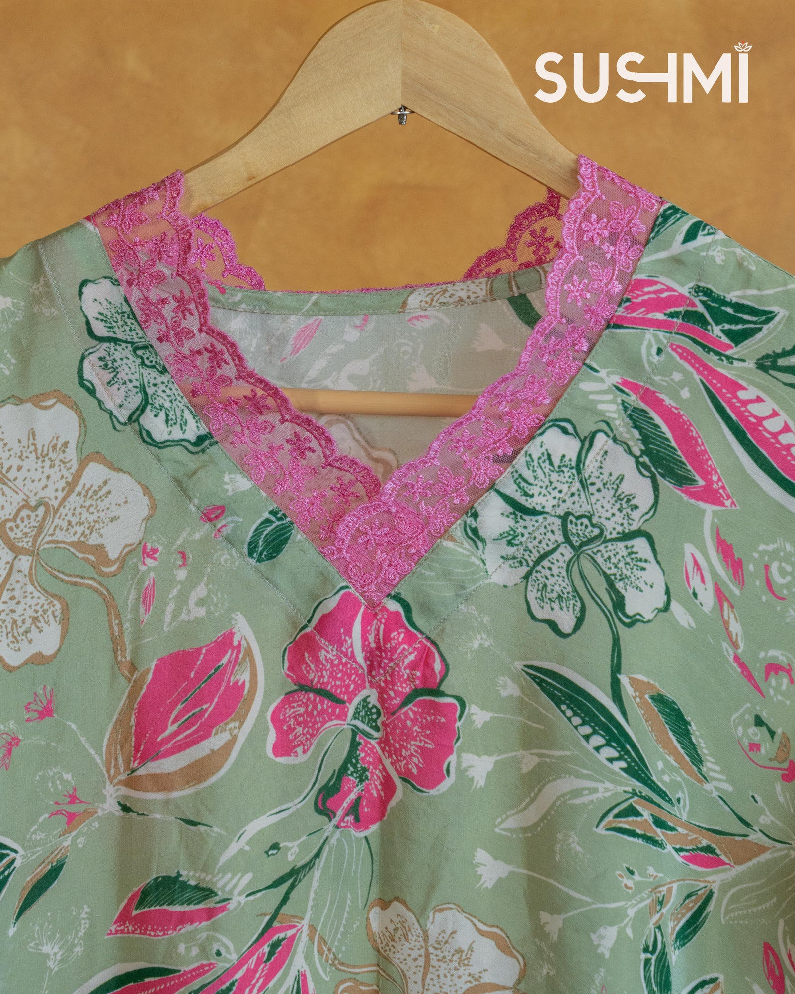 Floral printed coordset with lace hemline for neck and sleeves .Bottom is also p