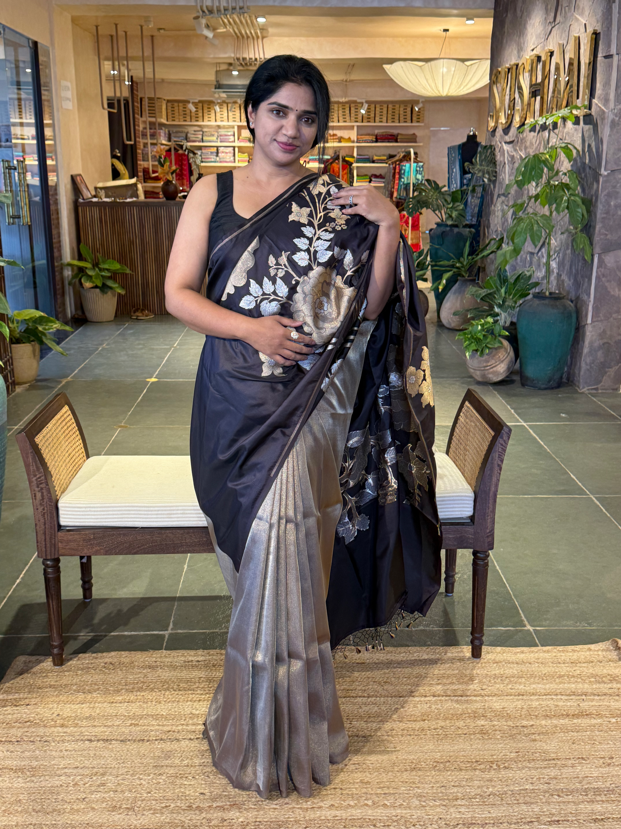 Dark Choclate and Antique Gold Designer Banarasi Silk Saree