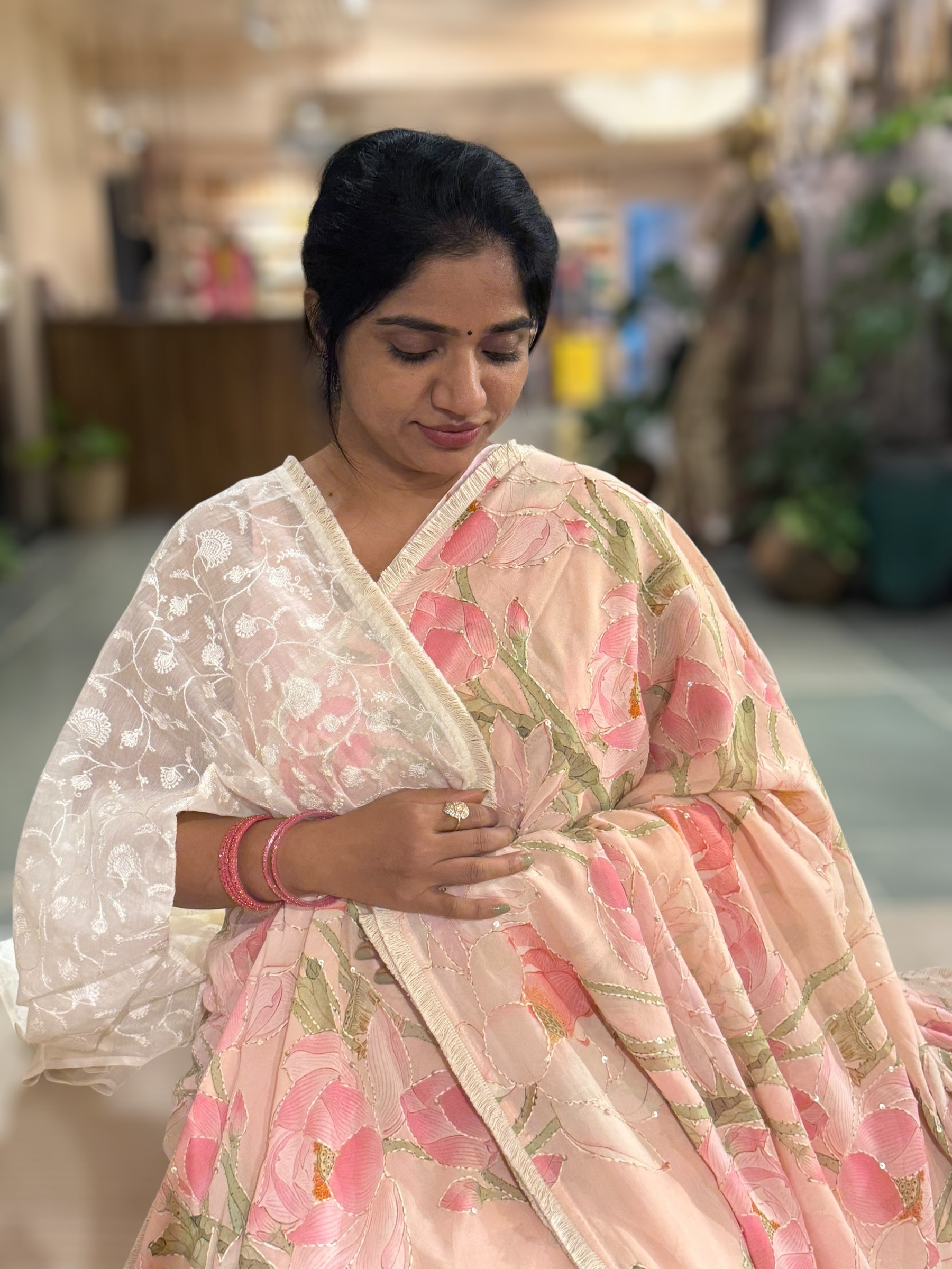 Peach Pink Pure Gorgette Printed Saree With Allover Hand Done Katha work