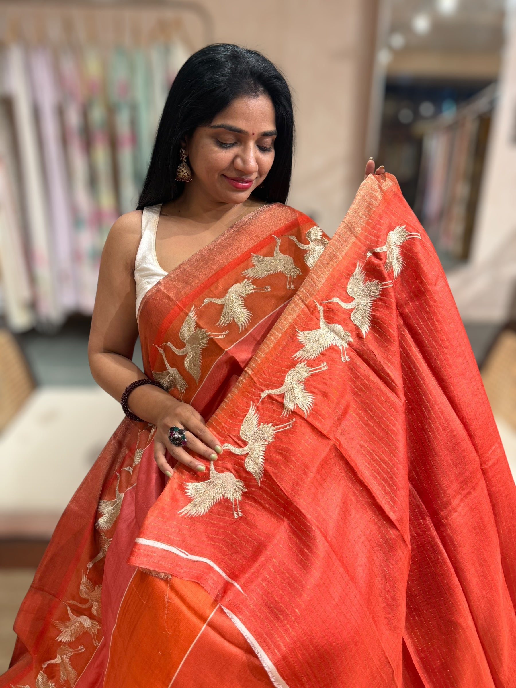 Tussar Rangkaat Saree With Crane Embroidered Border