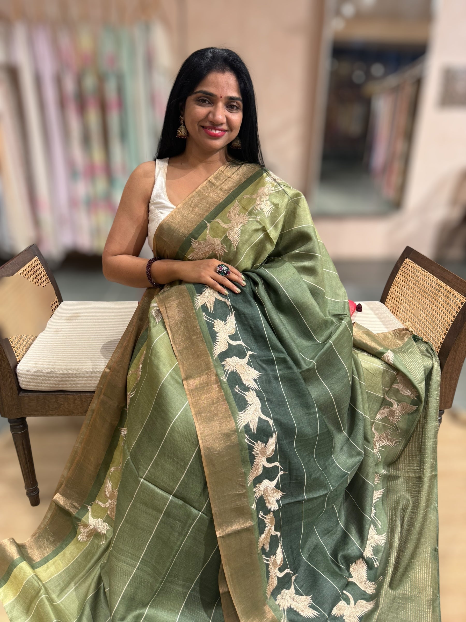 Tussar Rangkaat Saree With Crane Embroidered Border