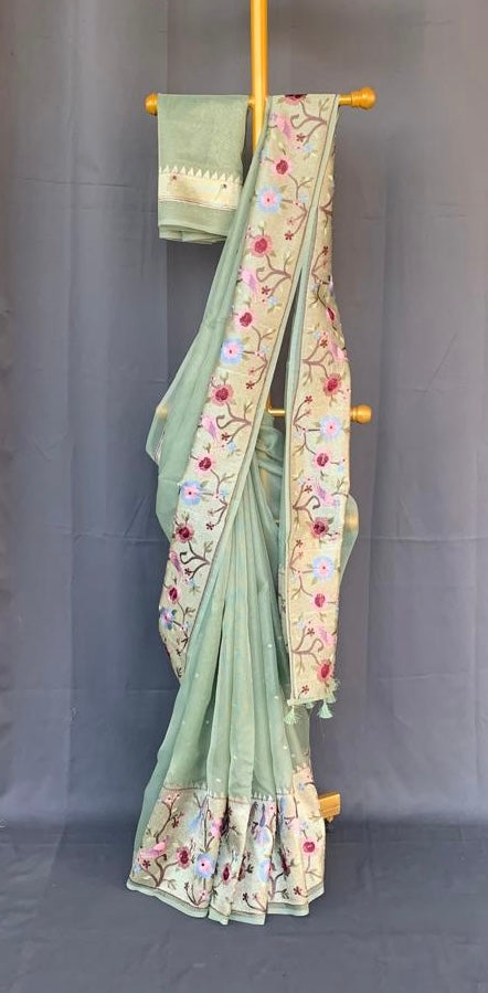 KTPA1412 Mint Kota Tissue Stripes Saree with Tissue Pythani Skirt Border