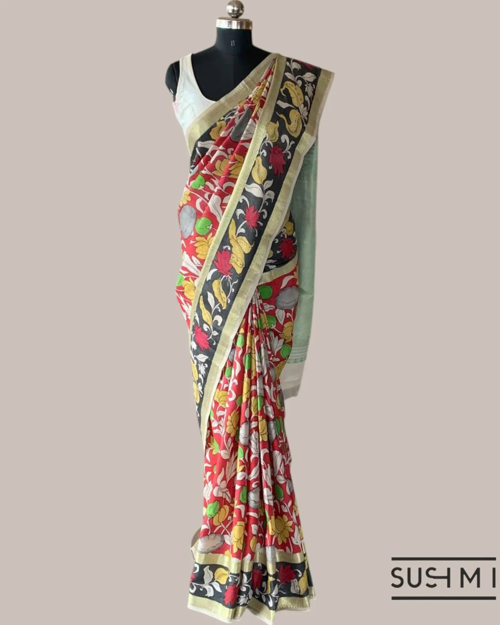Red Kanchi Pen kalamkari handpainted saree with heavy borders