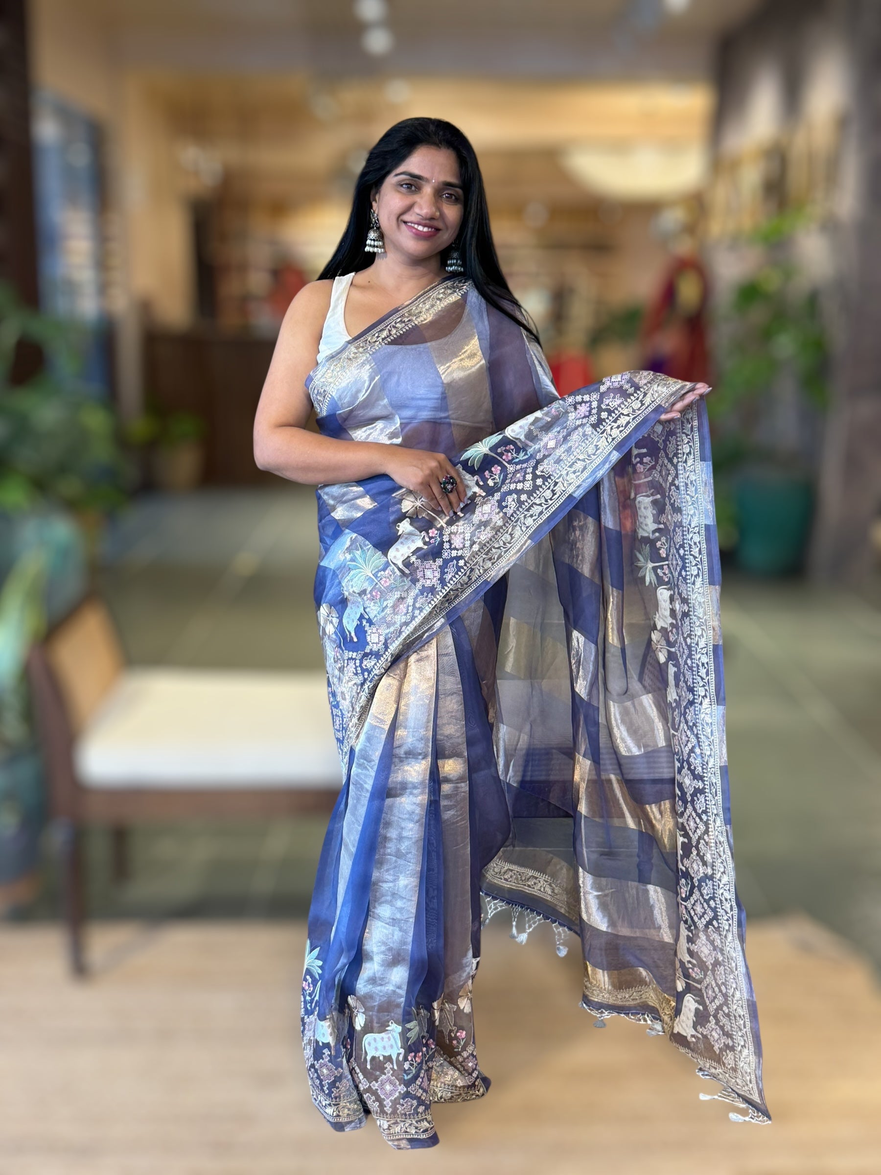 Blue Kora Tissue Stripes Saree With Jamdani  & Pichwai embroidered Border