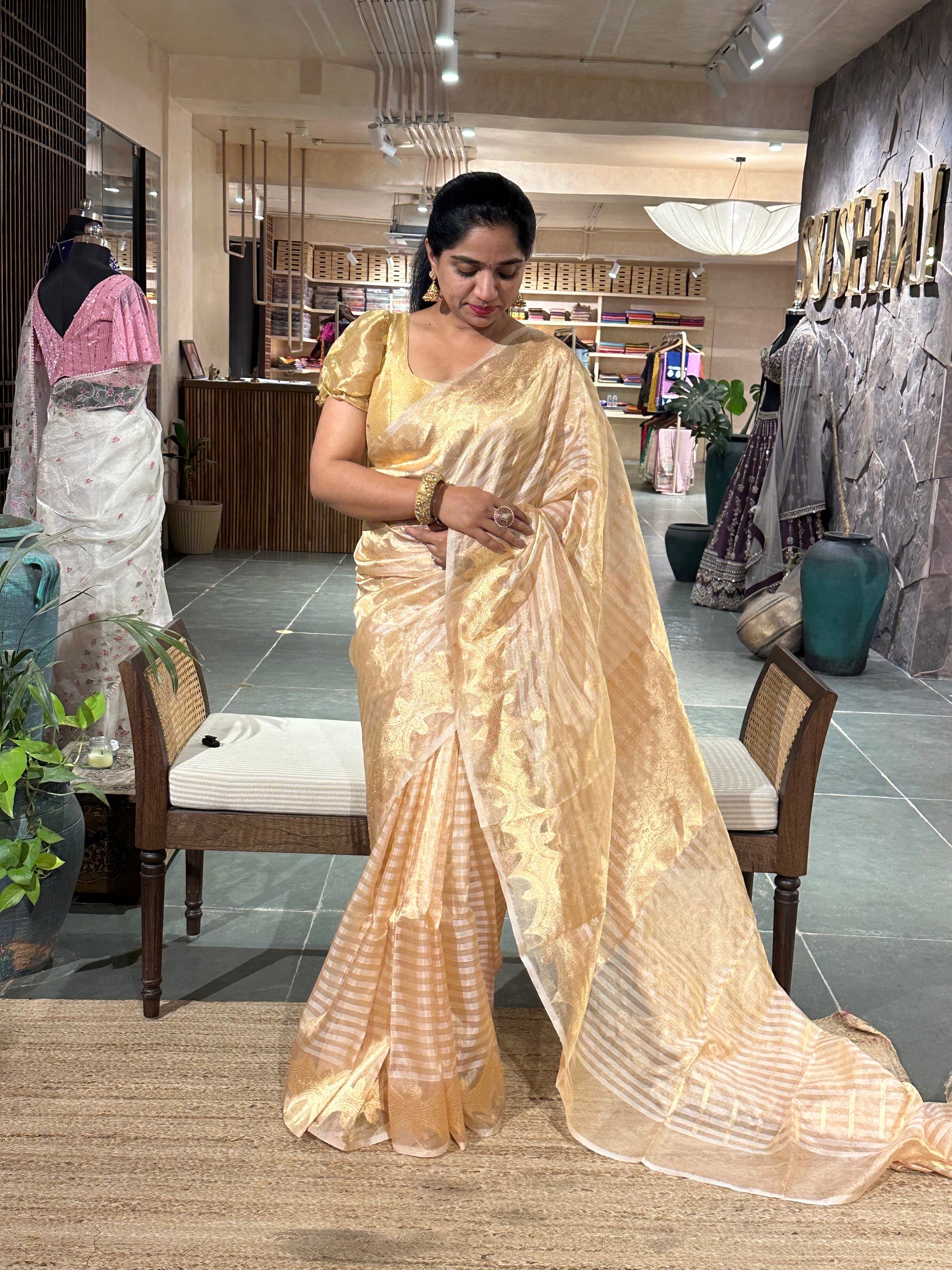 Beige Gild Banarasi Tissue Saree with Kaduwa woven motifs