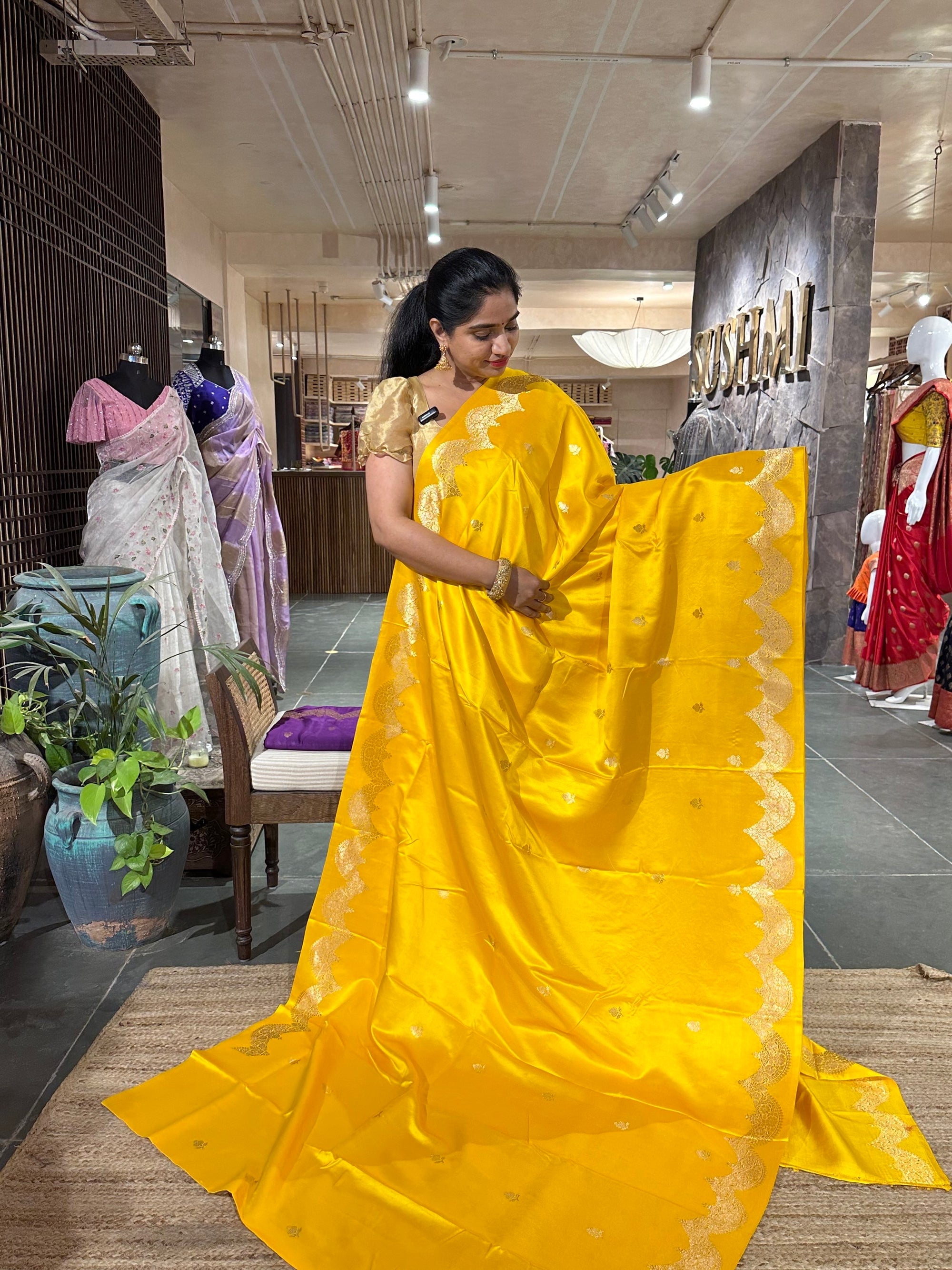 Yellow Pure Banarasi Handloom Mashru Silk Saree  with kaduwa weaving