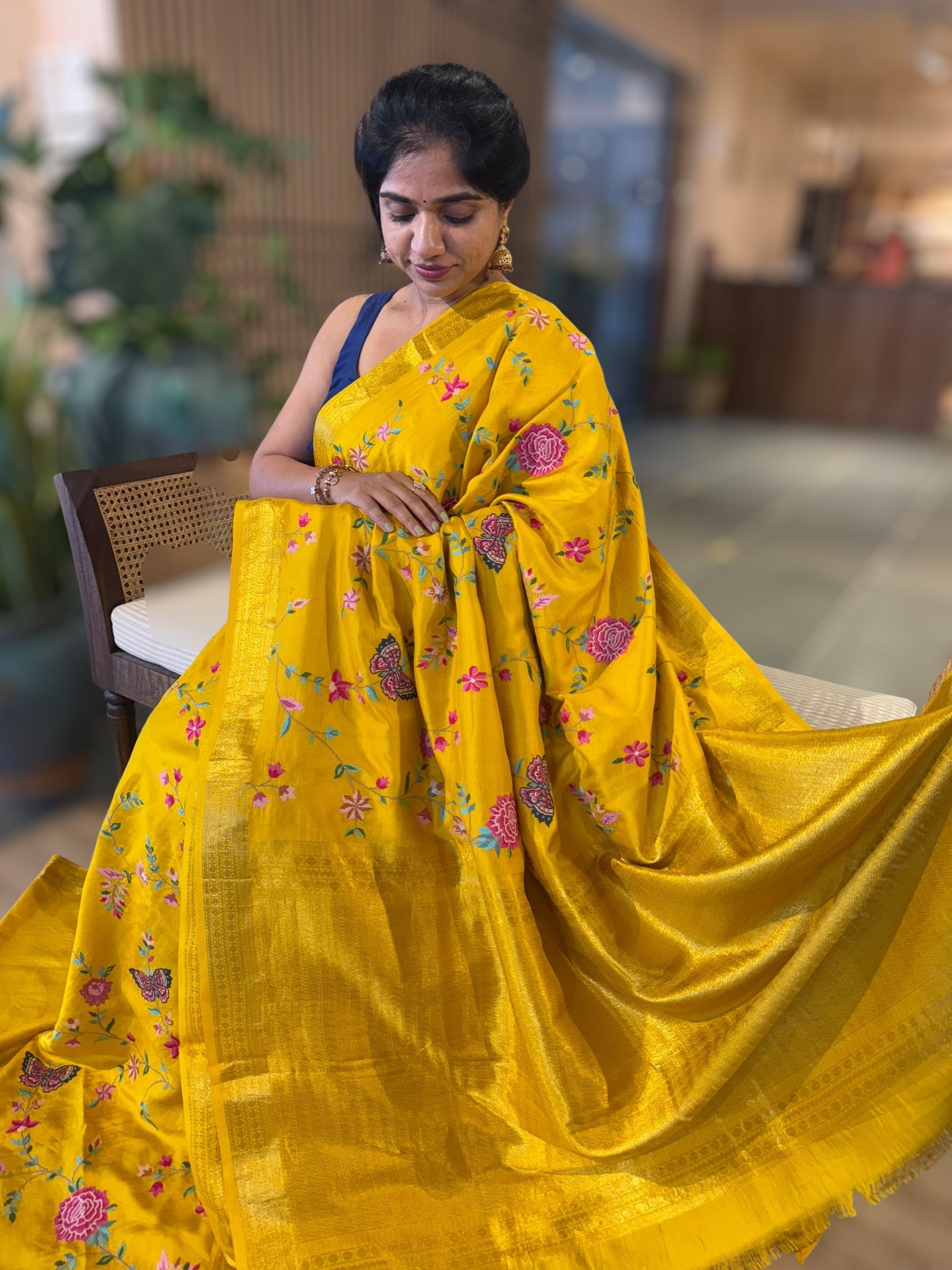 Yellow Kanchi soft Silk Saree With Allover Petite Point Embroidery