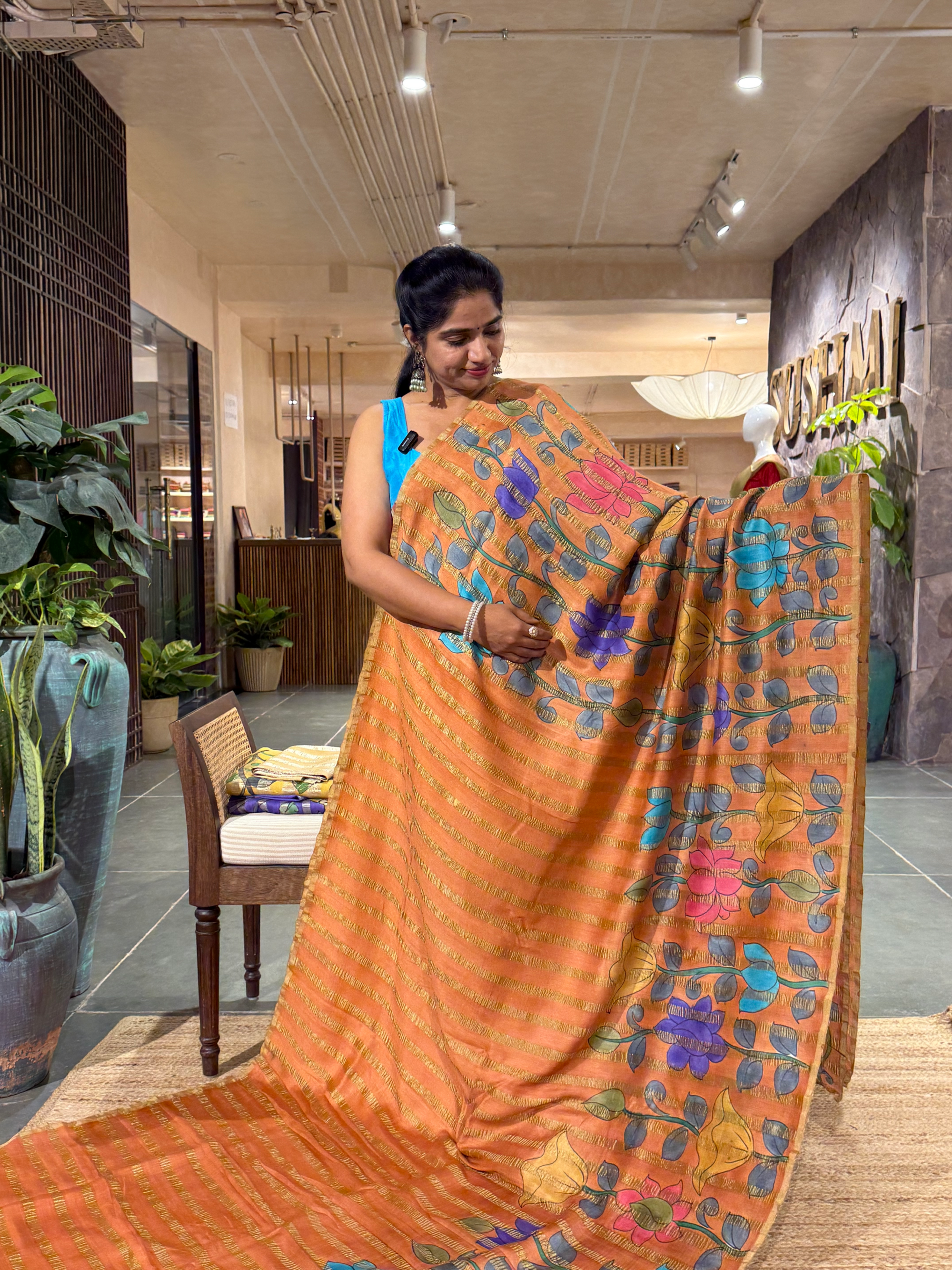 SMTKM174 Pure Handloom Munga Silk Wth Tissue Stripes & Penkalamkari Handpainting