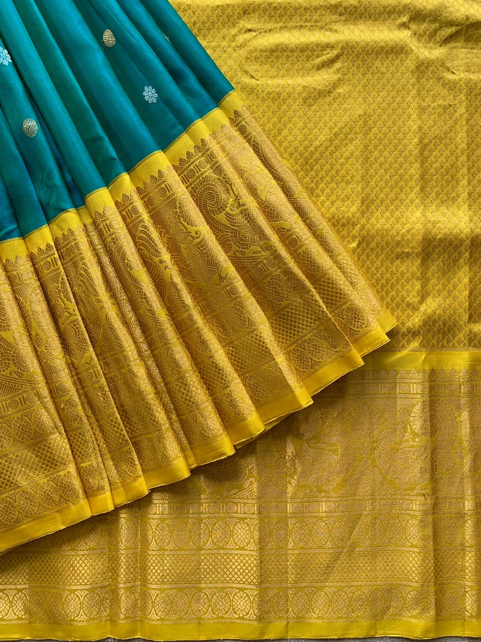 SGSA206 Peacock Blue and yellow Combo Gadwal Handloom Pure Silk Saree