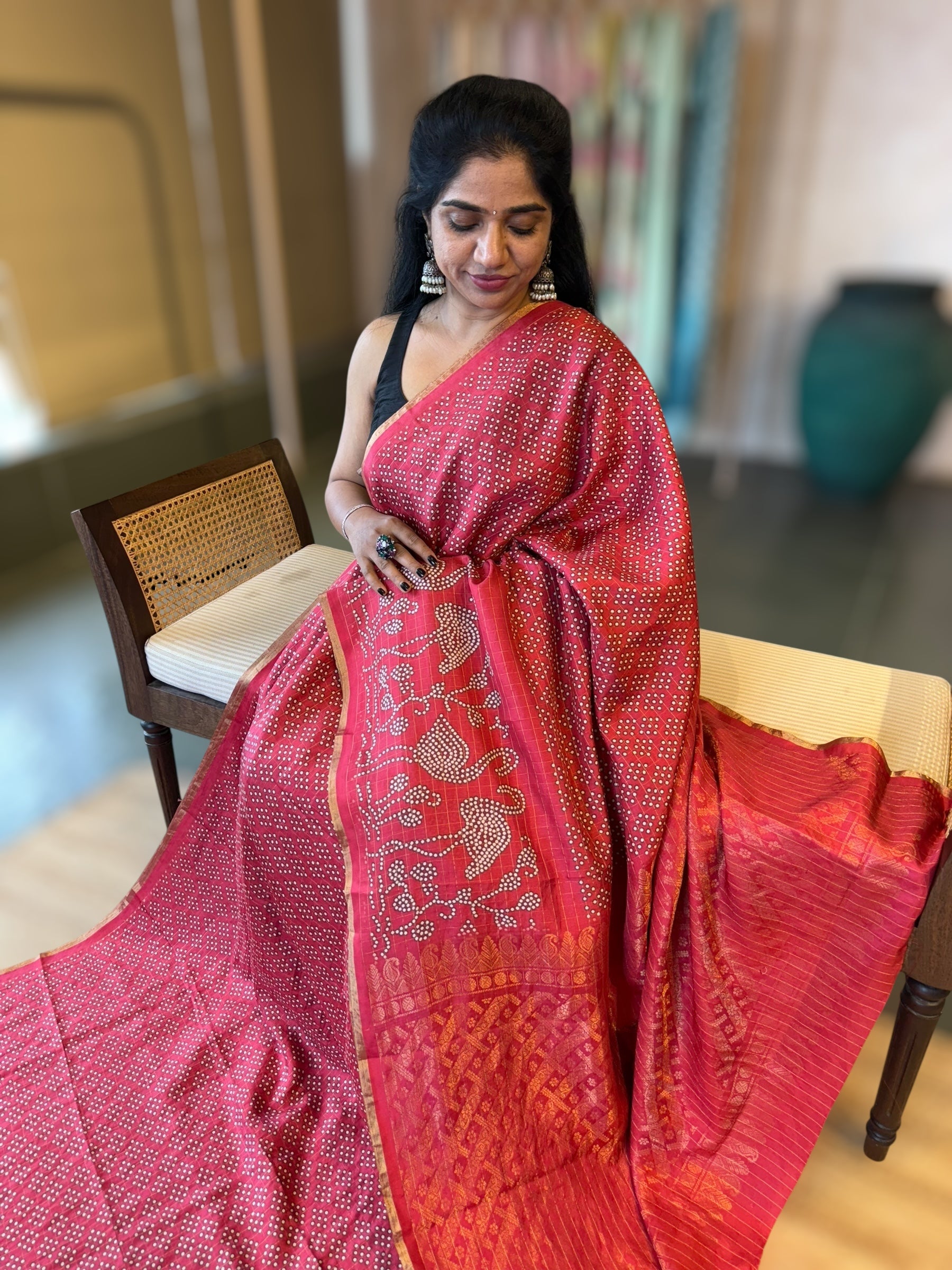 Black Kanchi Soft Silk Saree With Zari Checks allover the Saree &Bandhini Print