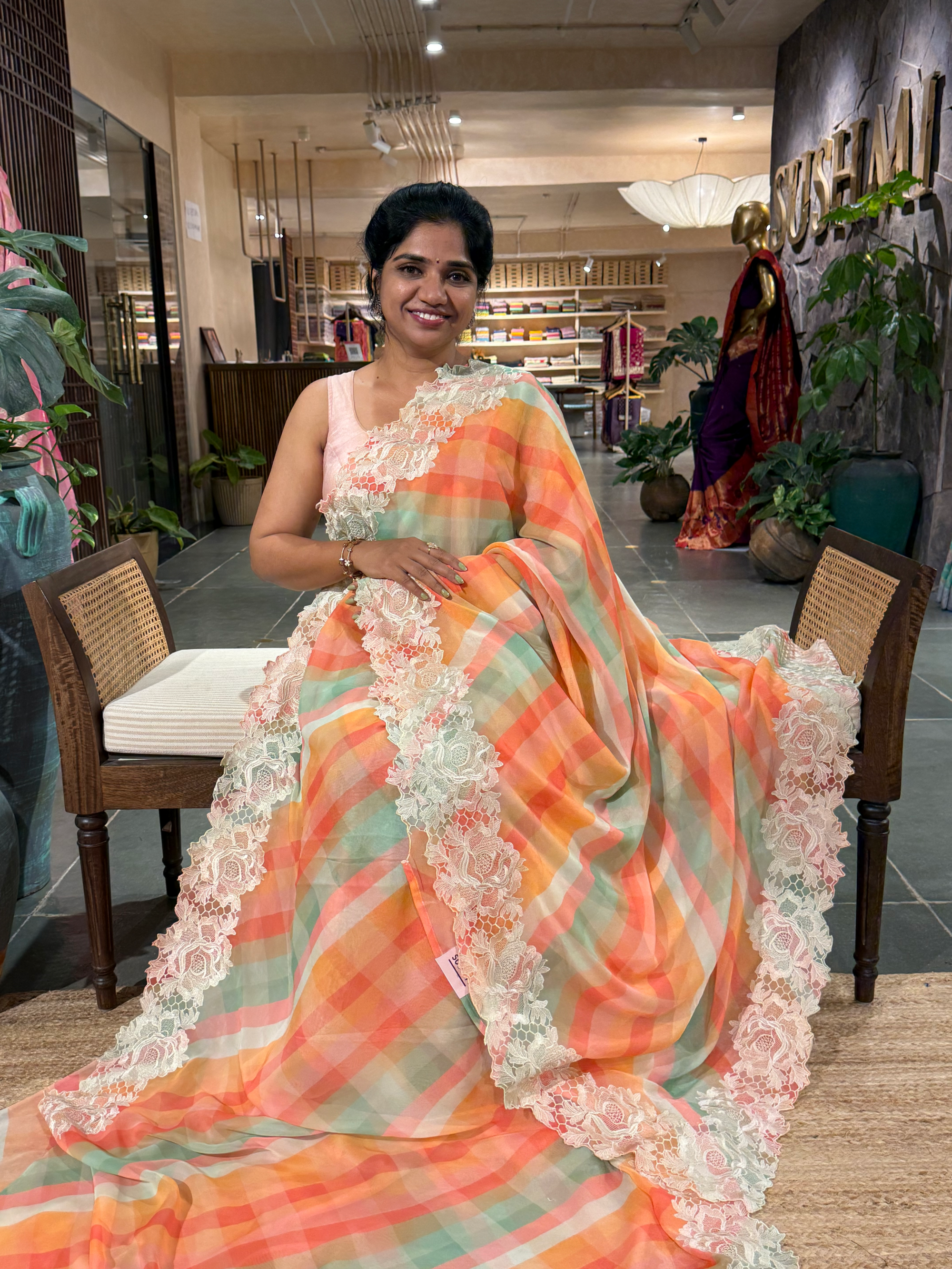 Pure  Gorgette Printed Saree With Cutwork Lace Border