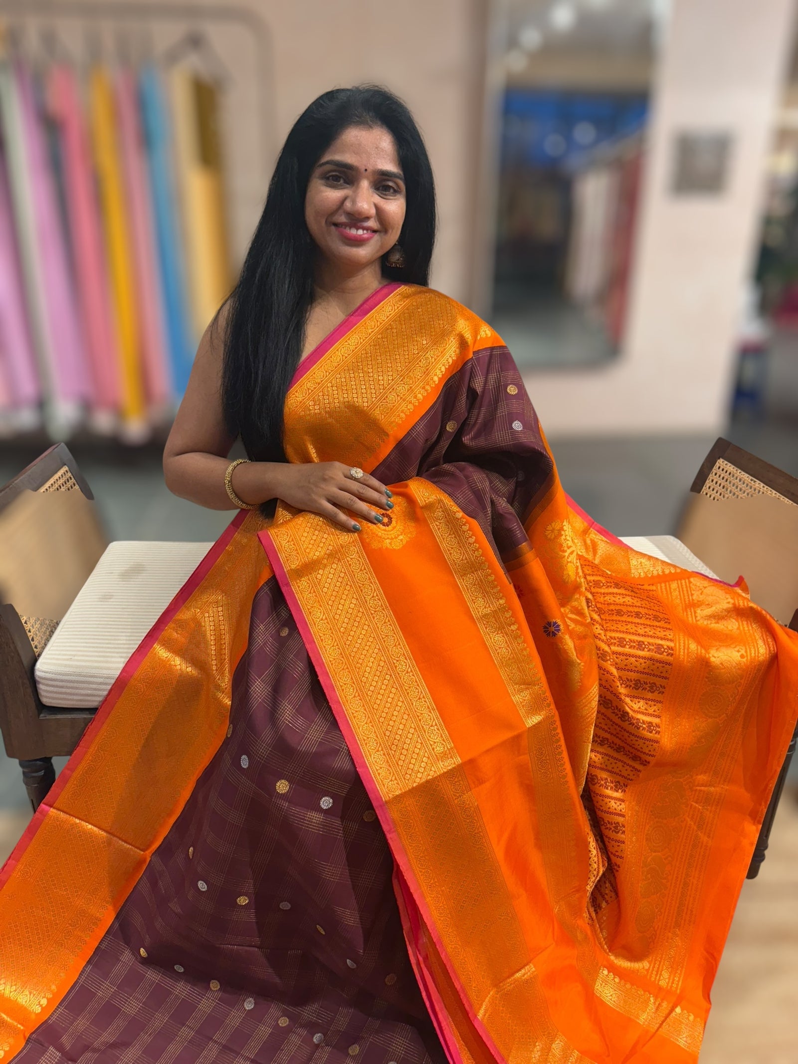 Brown & Orange Combo Pure Handloom Gadwal Kanchi Saree with Gap Borders r
