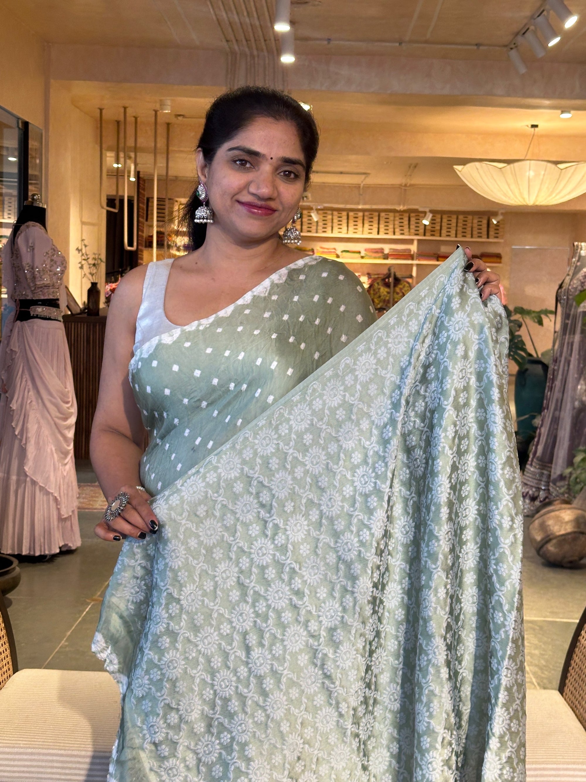 Bandhini and Chikankari Fusion Saree