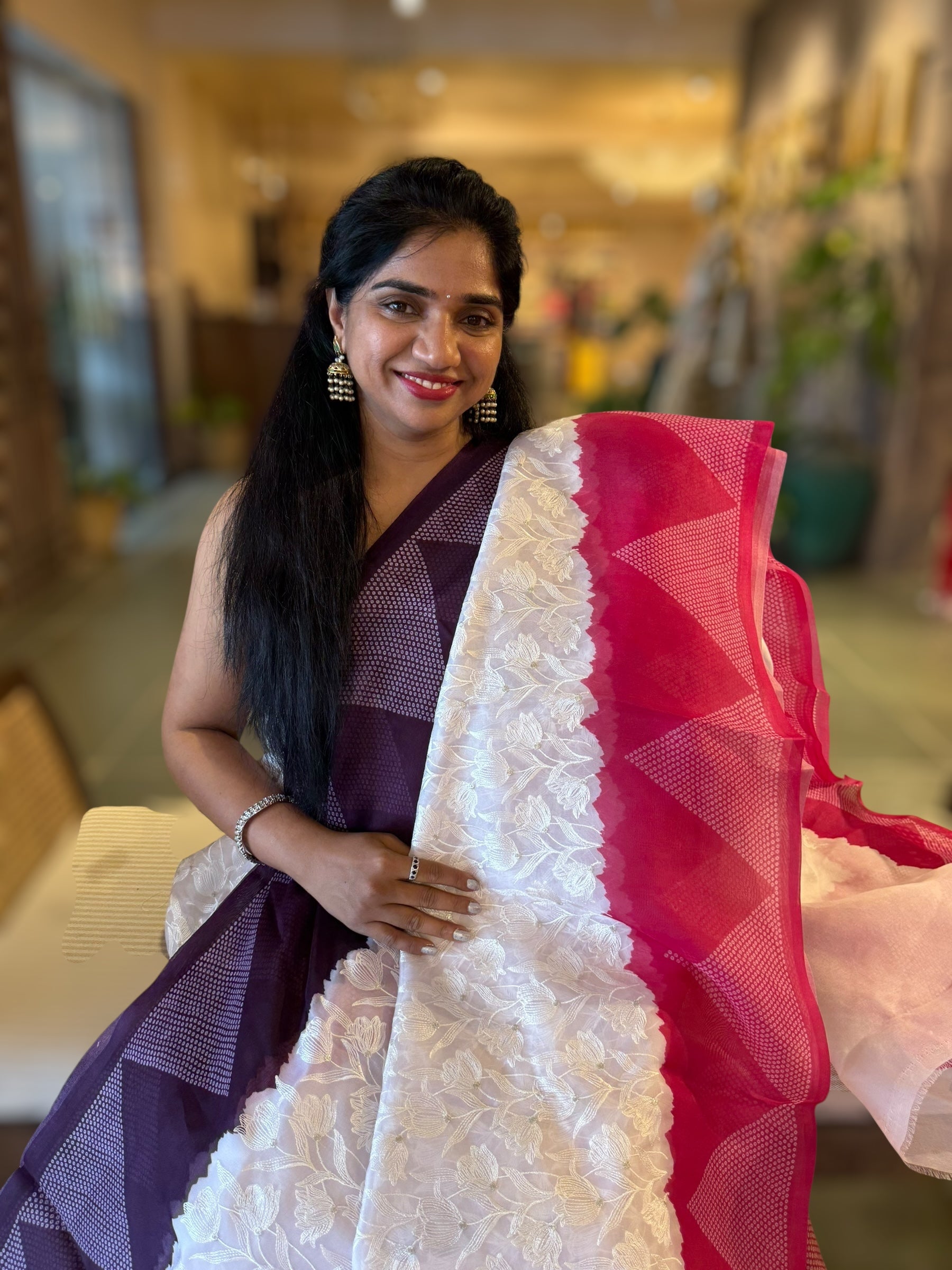 Organza Chikankari Embroidery Saree With Ganga Jamuna Bandhini Temple Borders