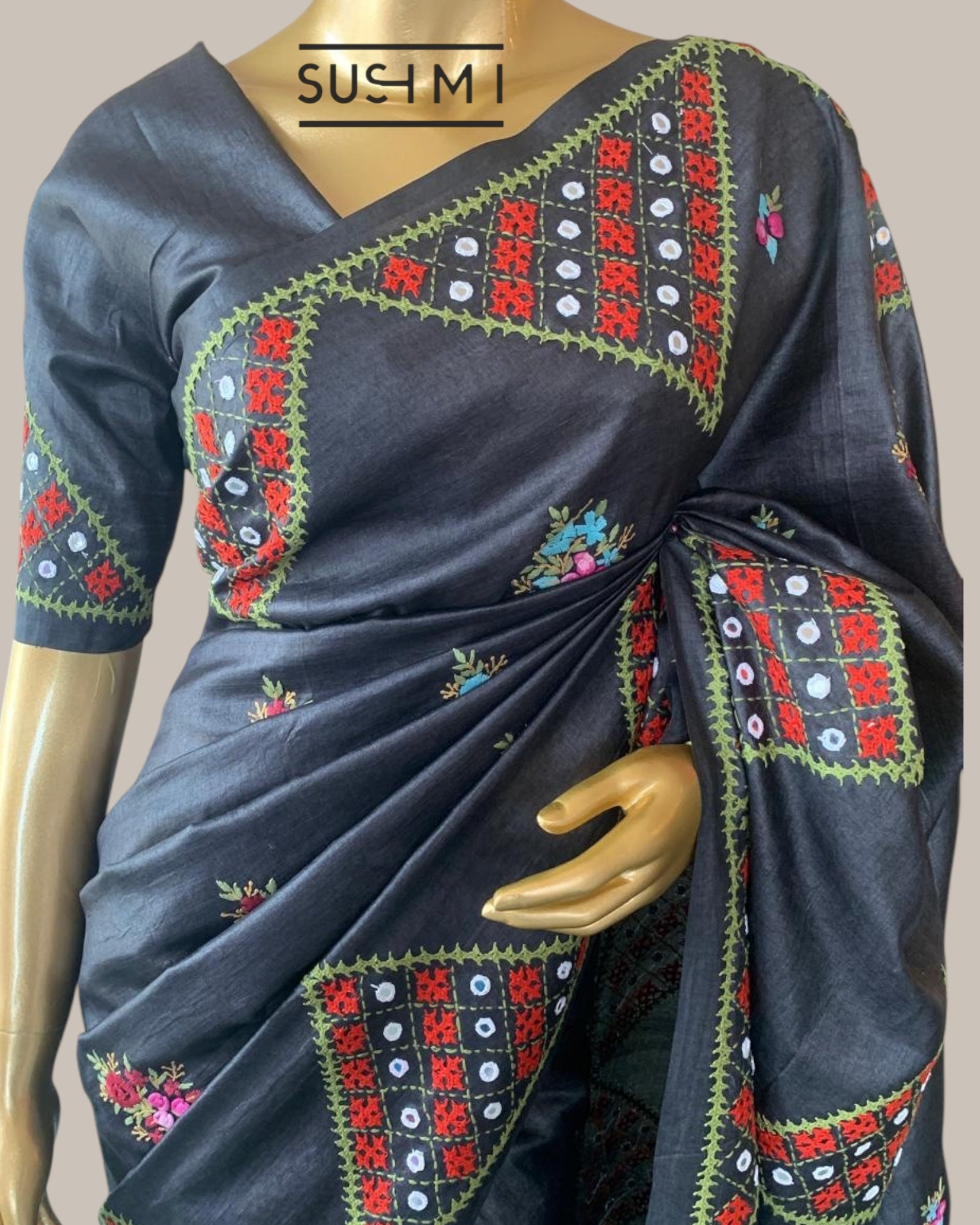 Elephant Grey Pure Tussar Saree with handwork Kutch embroidered with mirrors