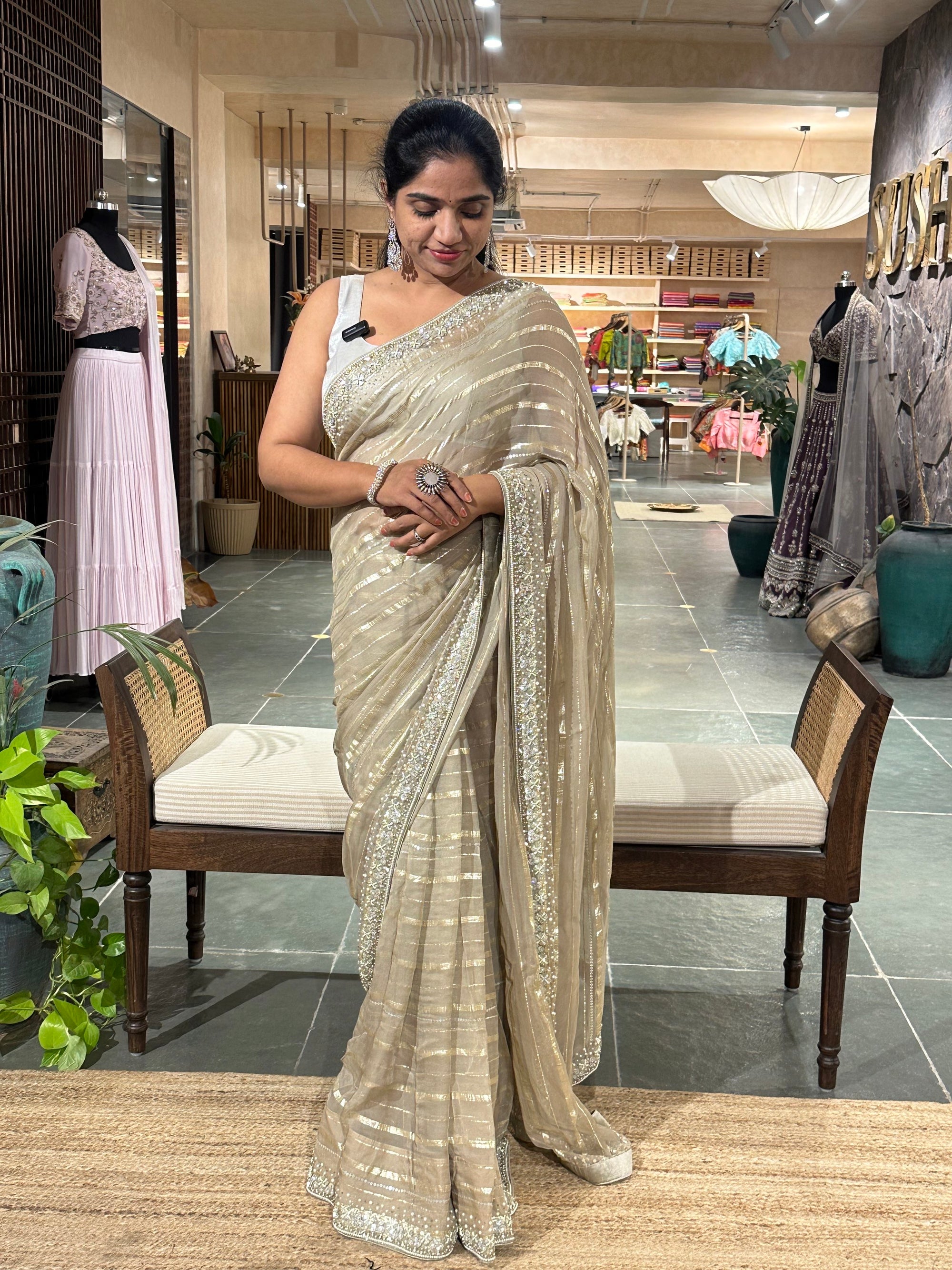 Earthy Tone Chiffon Handwork Saree with stitched happy iblouse
