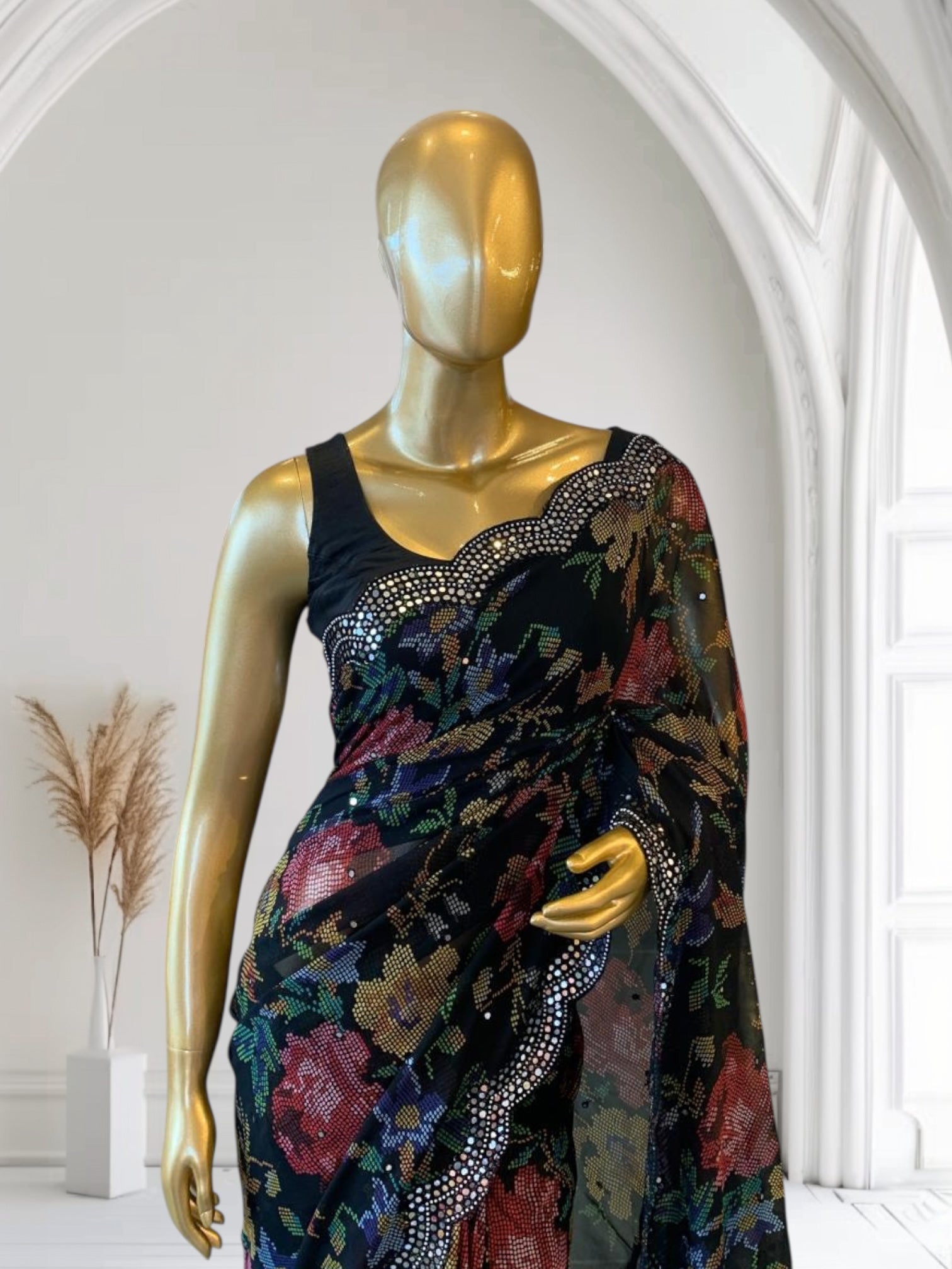 Black Gorgette printed Saree with handwork mirrorwork borders