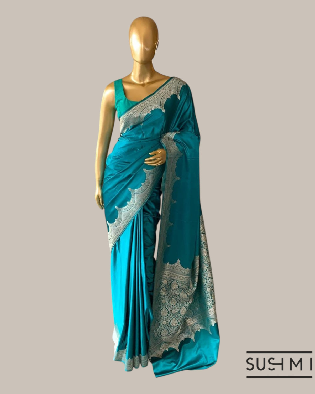 Peacock Blue Mashru Silk Saree With Scalloped Border
