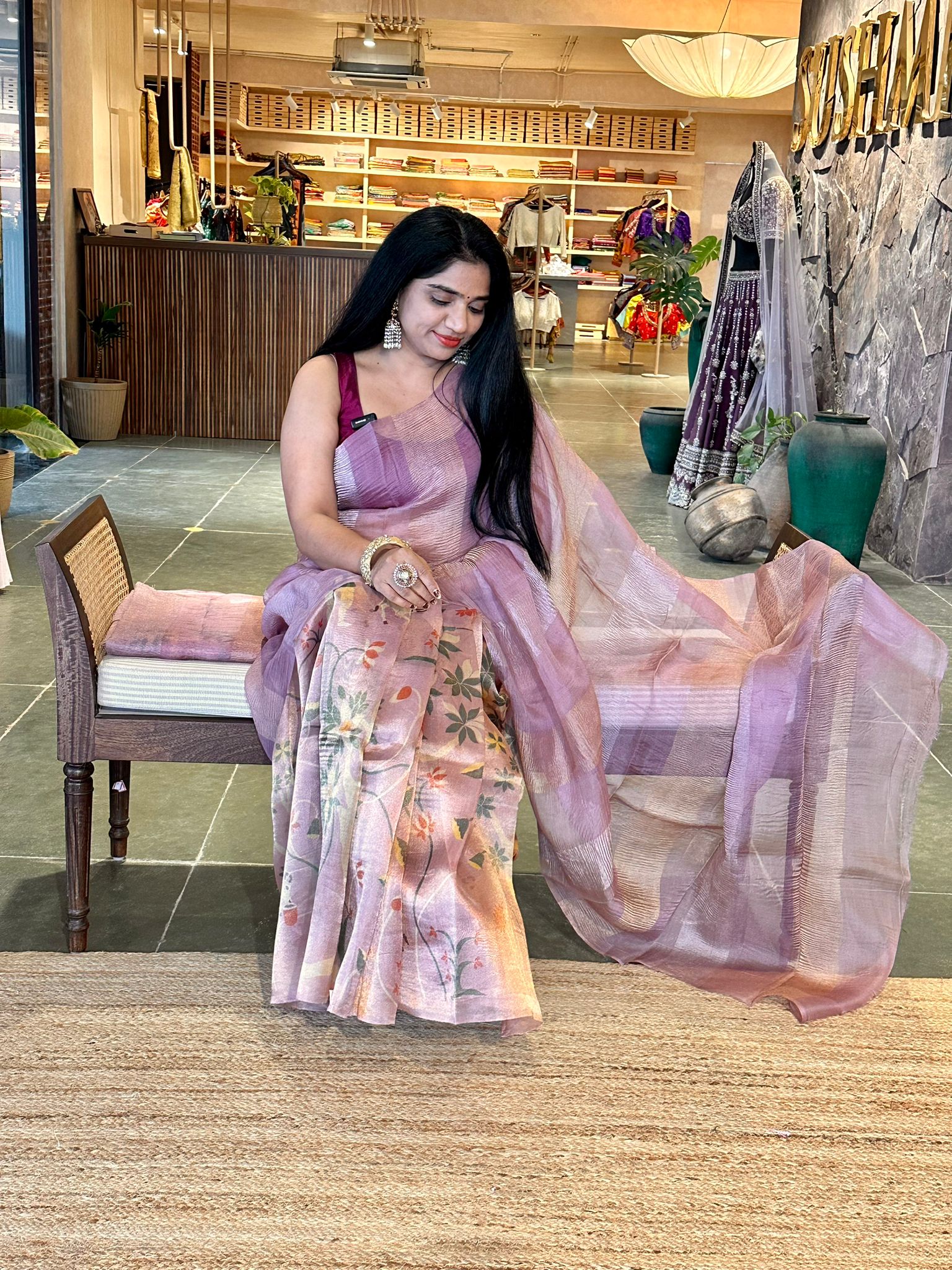 Lavenderish Pink Premium Banarasi Printed Tissue Saree in half and half style