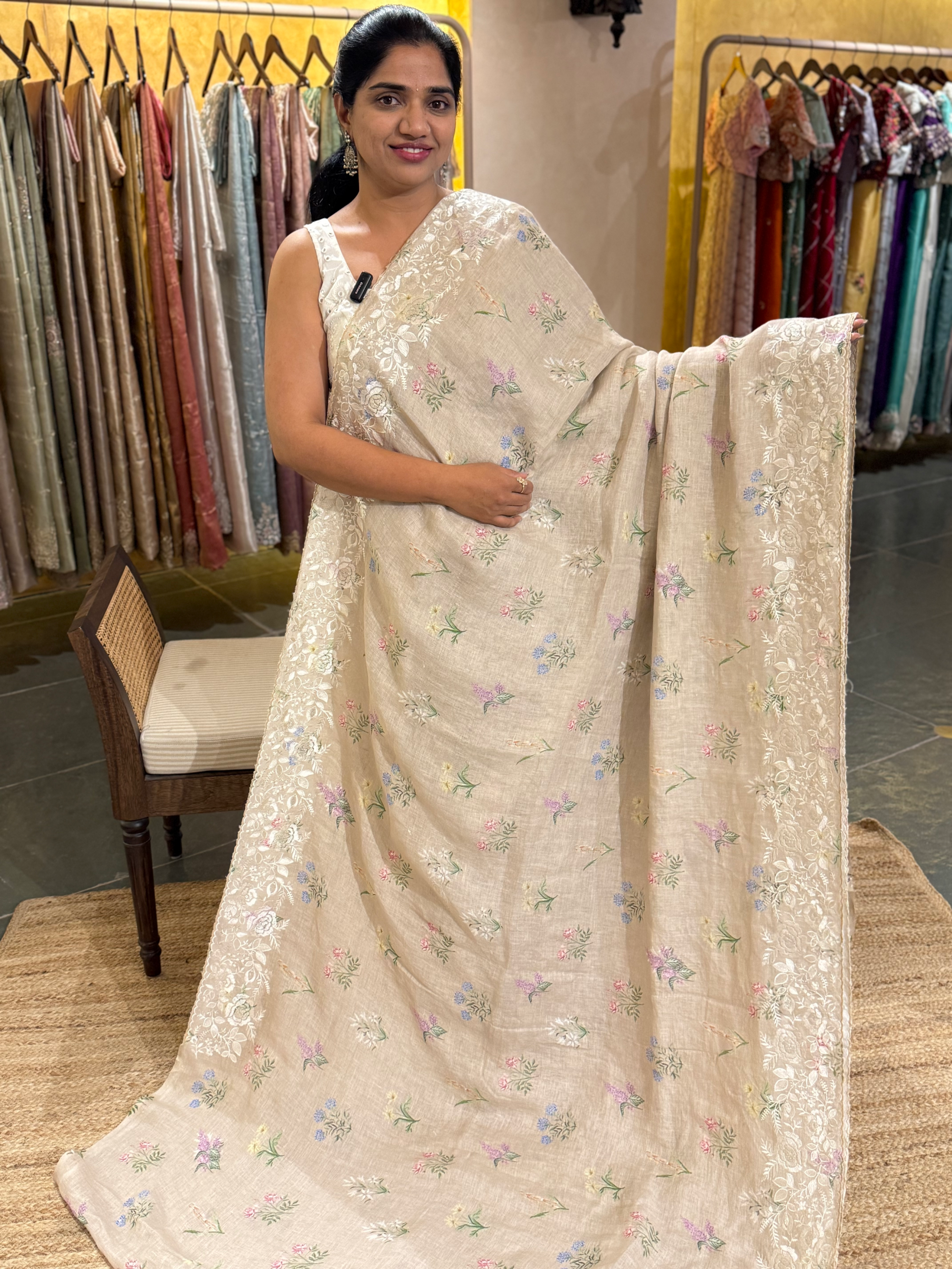 English Tone Pure Handloom Lenin Print Saree With  Parsi Gara Style Embroidery