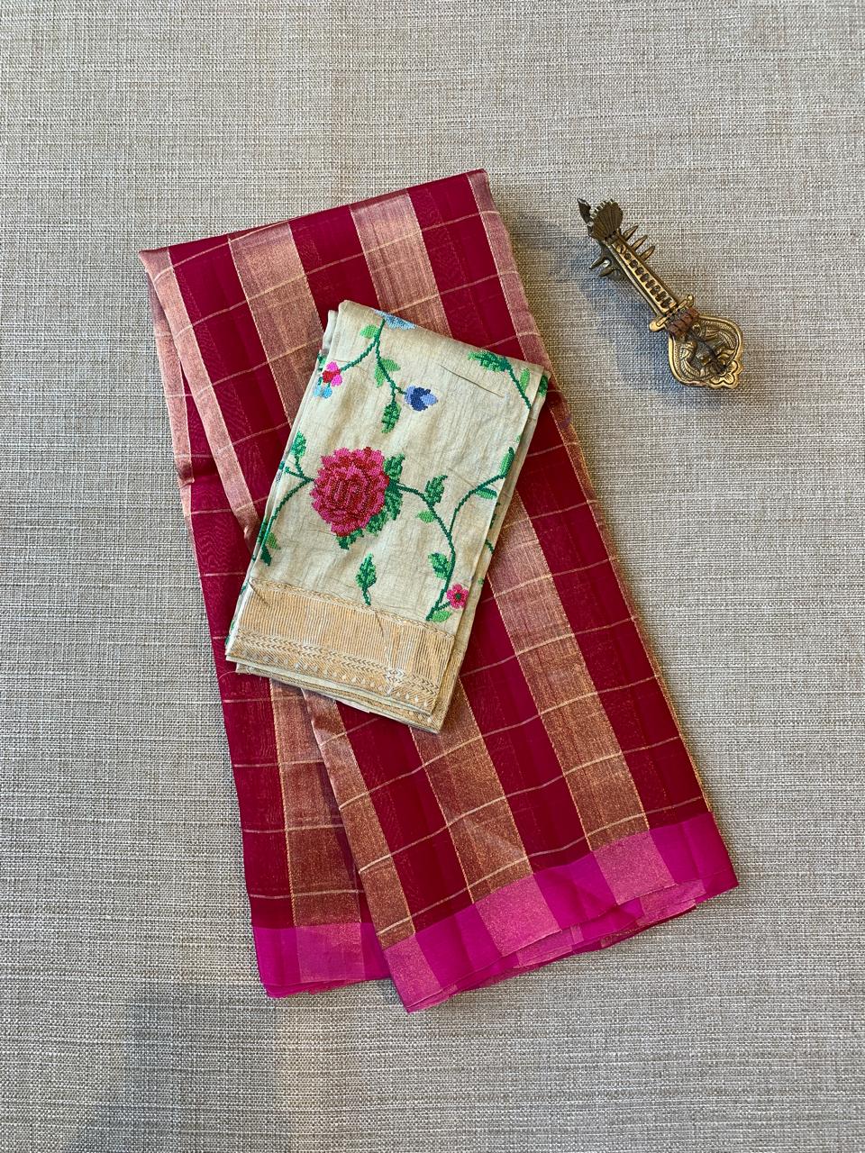Pink Pure Handloom Banarasi Kora Tissue Checks Saree