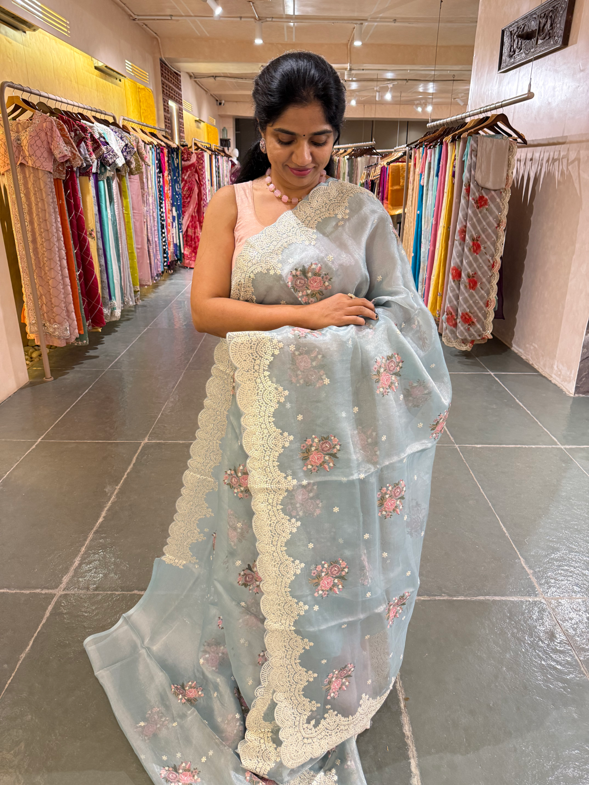 Blue Tissue Saree With allover Petite Point Motifs & Pittai Sequnce Borders