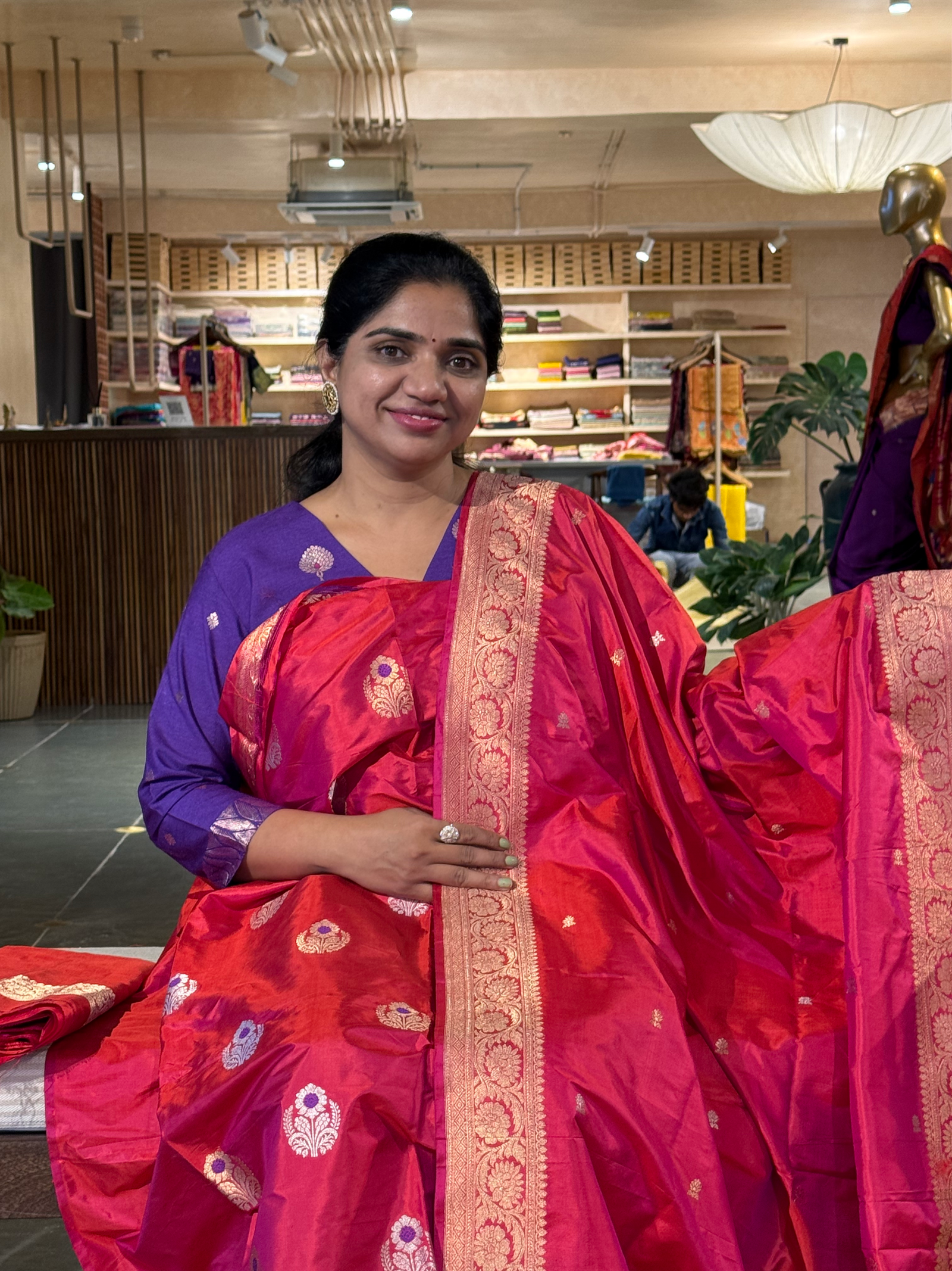 Reddish Pink Katan Silk  3 pc Suit Set with meenakari kaduwa weaving