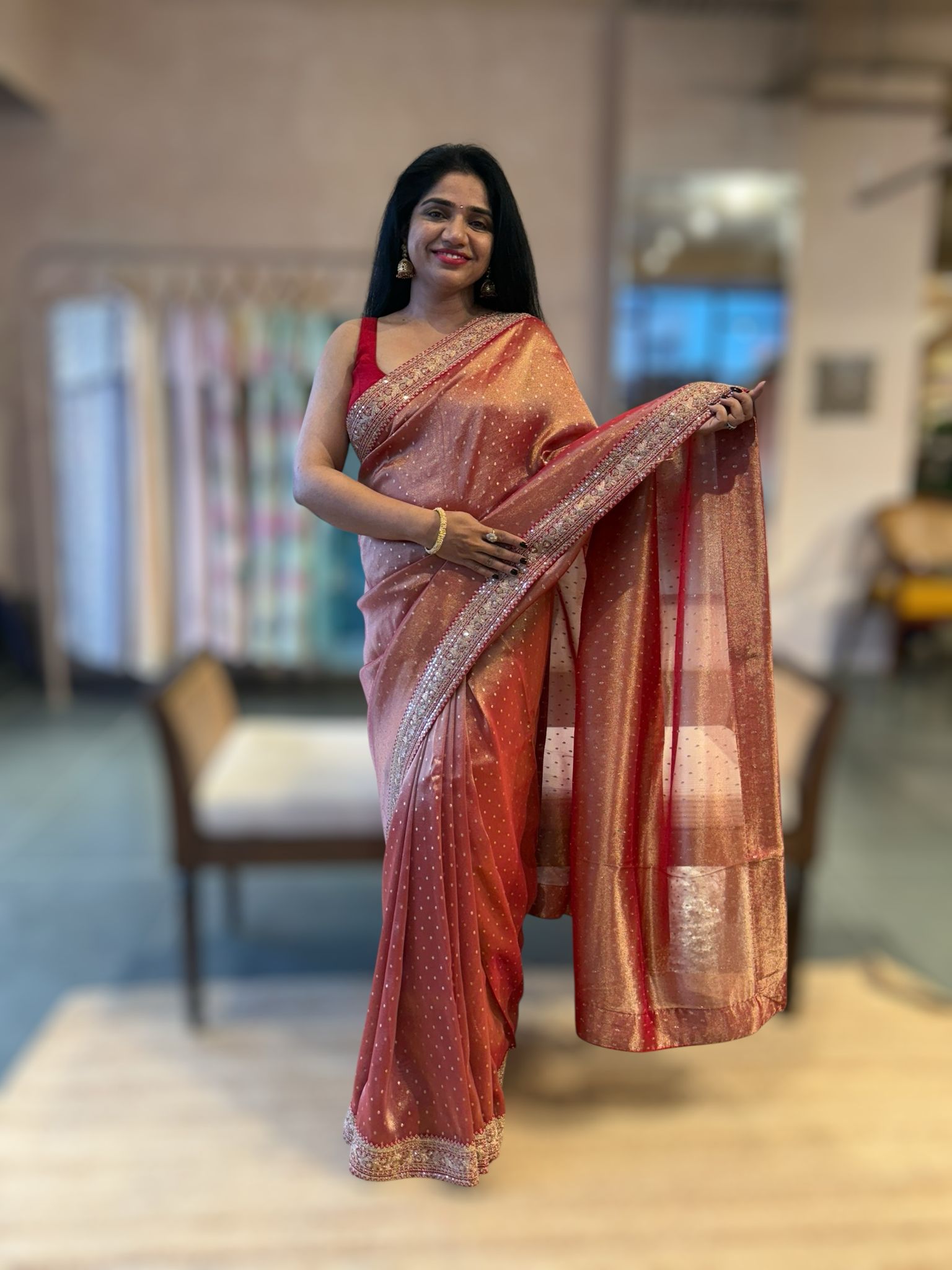 Red Tissue Gorgette saree witj sabyasachi borders and allover pitawork blouse