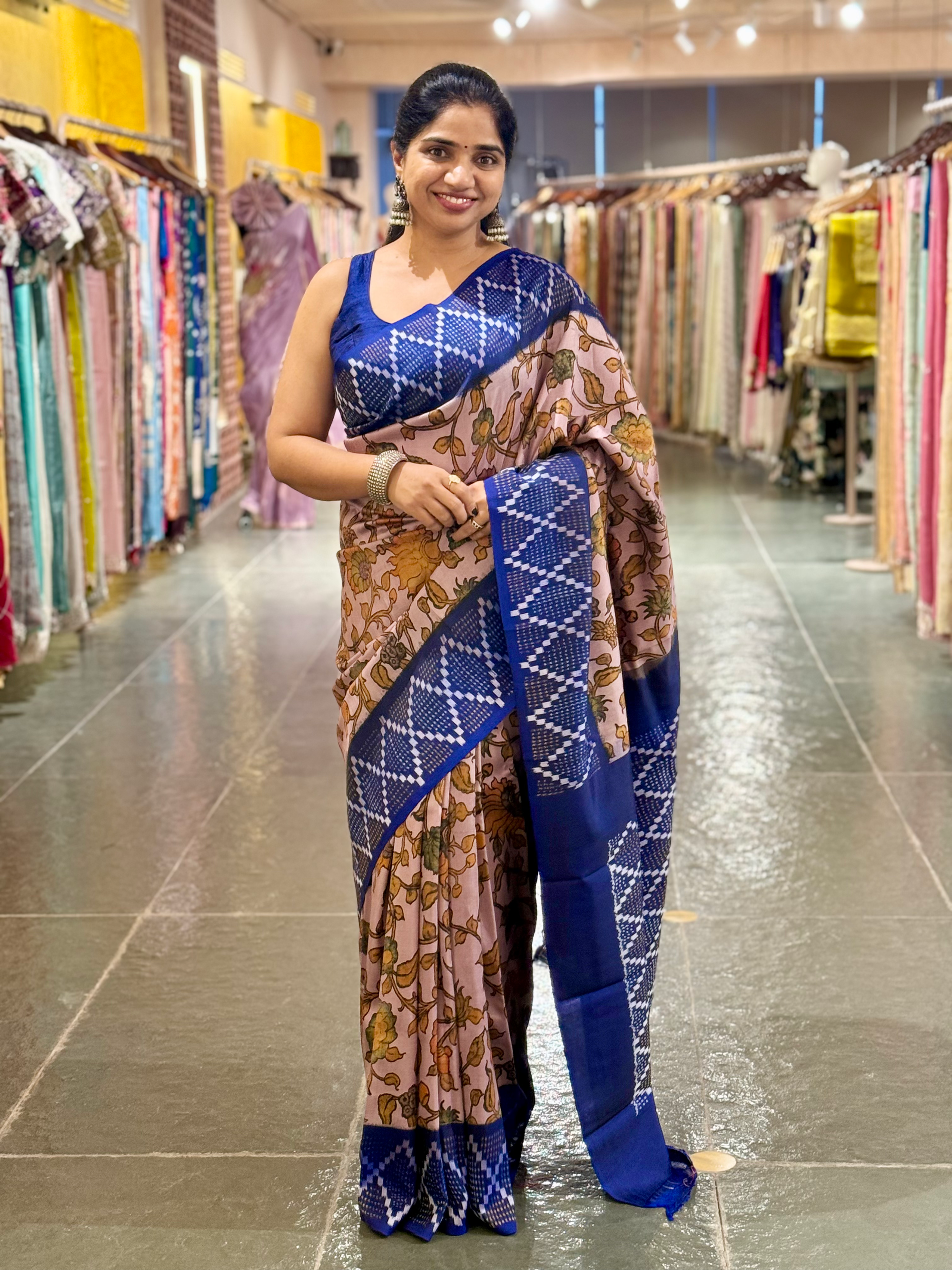 Ikkath Patola Sarees with Pen Kalamkari Style Digital  Prints