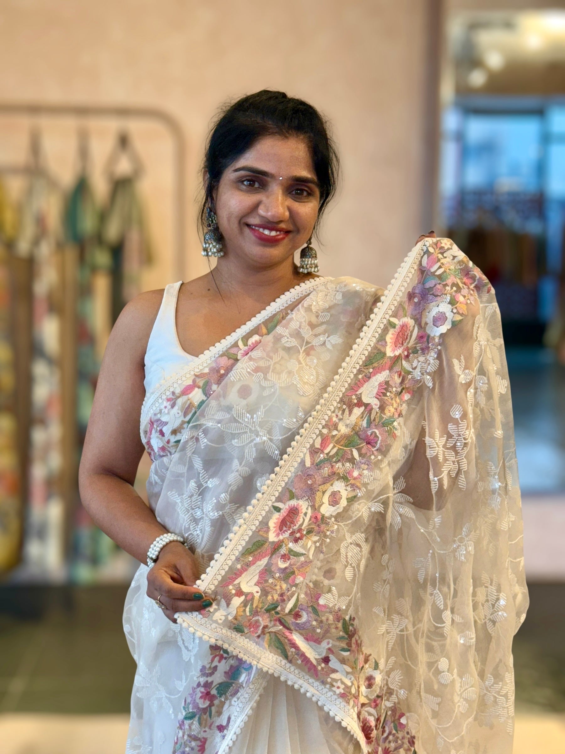 Ivory Organza Saree with Allover Floral Sequence Work & Parsi Embroidered Border