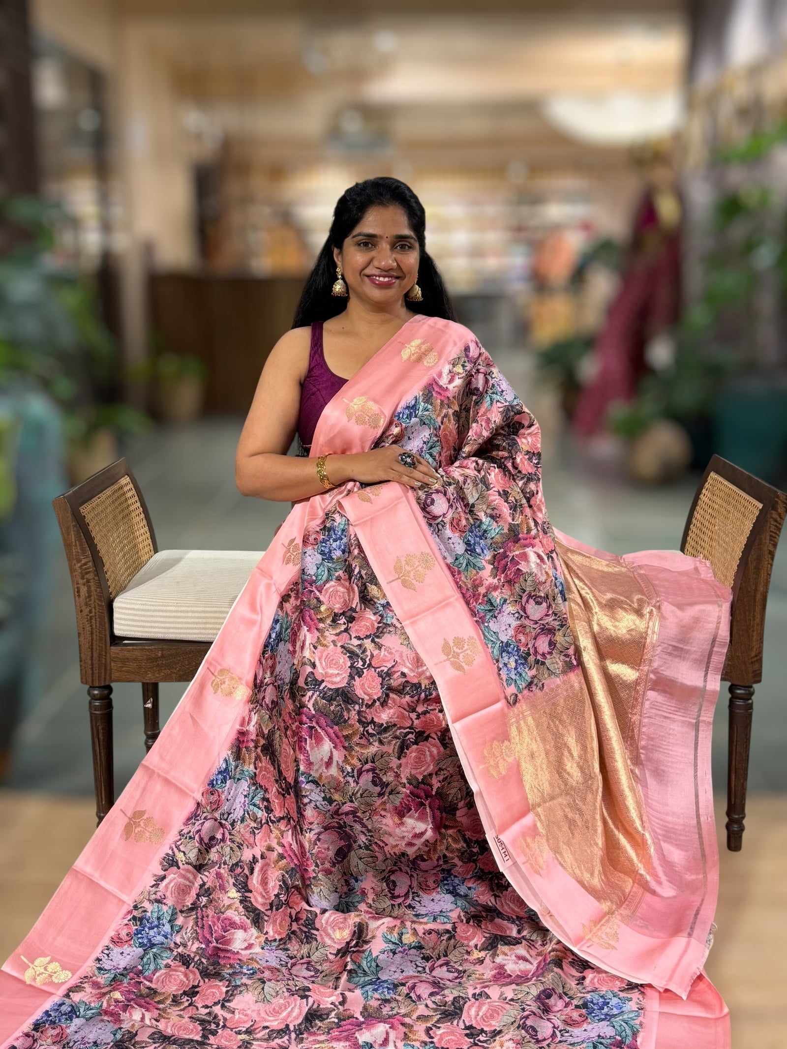 Neon Pink Kanchi Soft Silk with beautiful Rose Floral Print