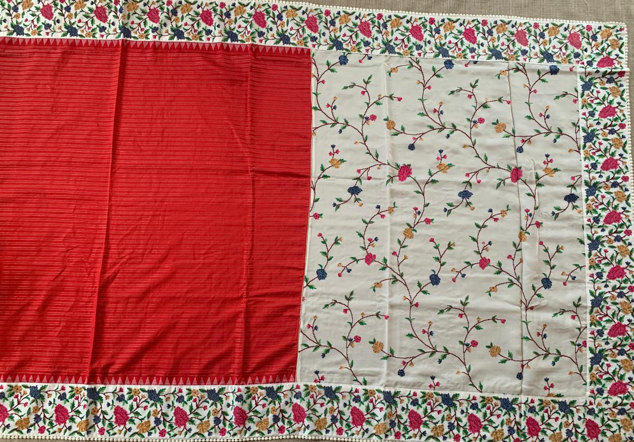 Red Kanchi Soft Silk Saree With Petite Point Embroidered Border Pallu & Blouse