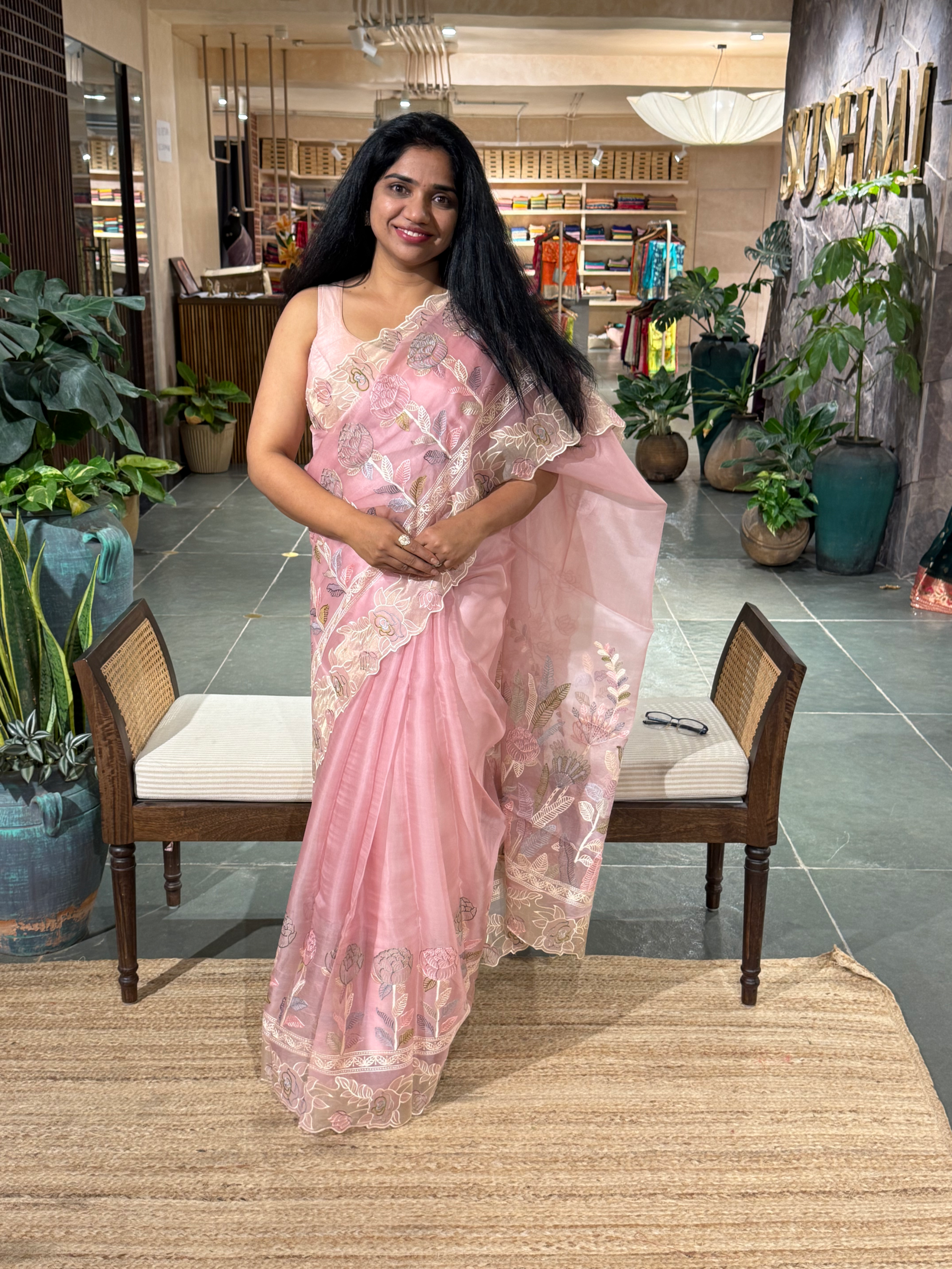 Blush Pink Pure Organza Saree with embroidered and cutwork borders