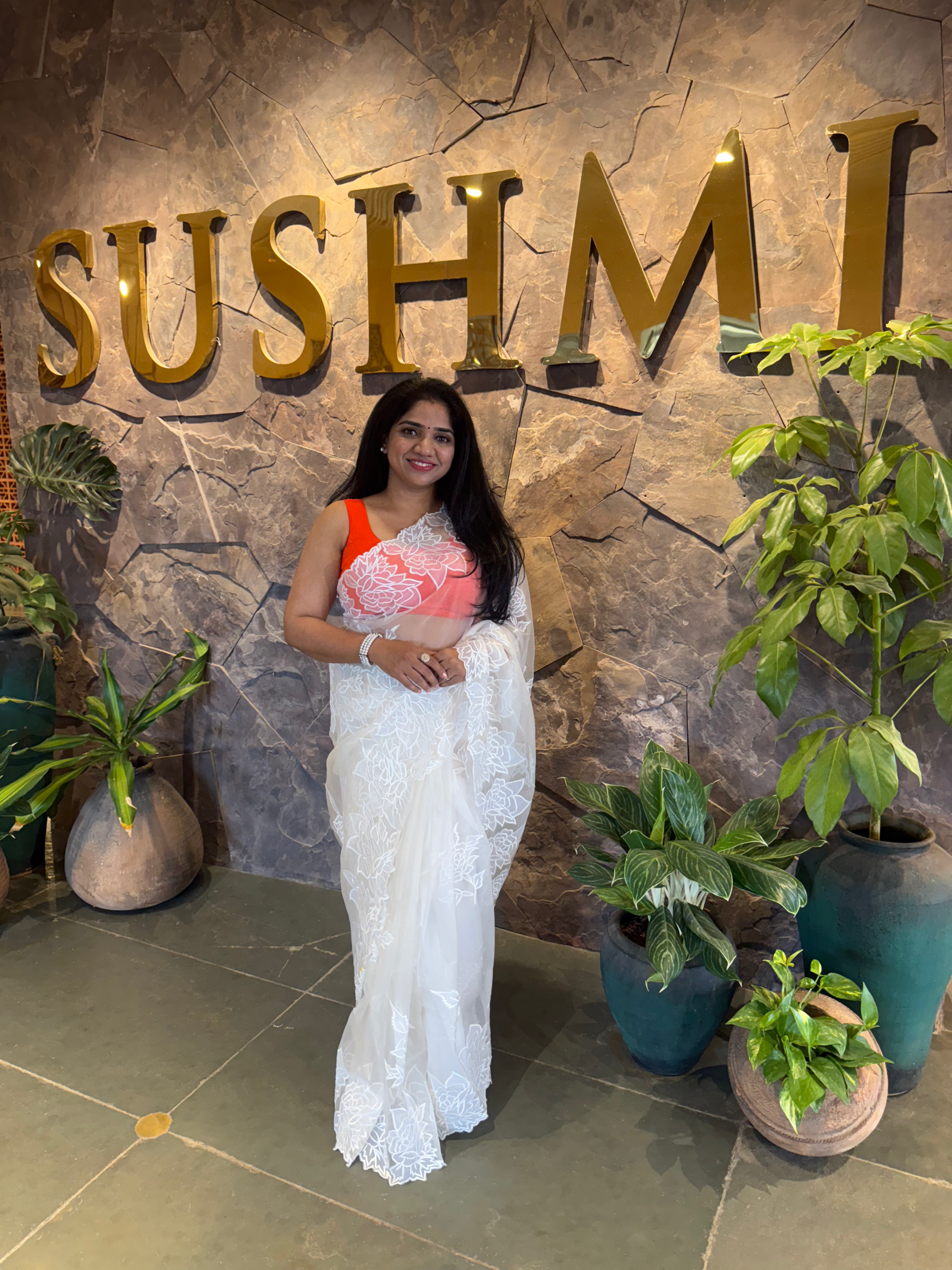 OROSEV1903 : White Organza Saree with Embroidered Rose Border