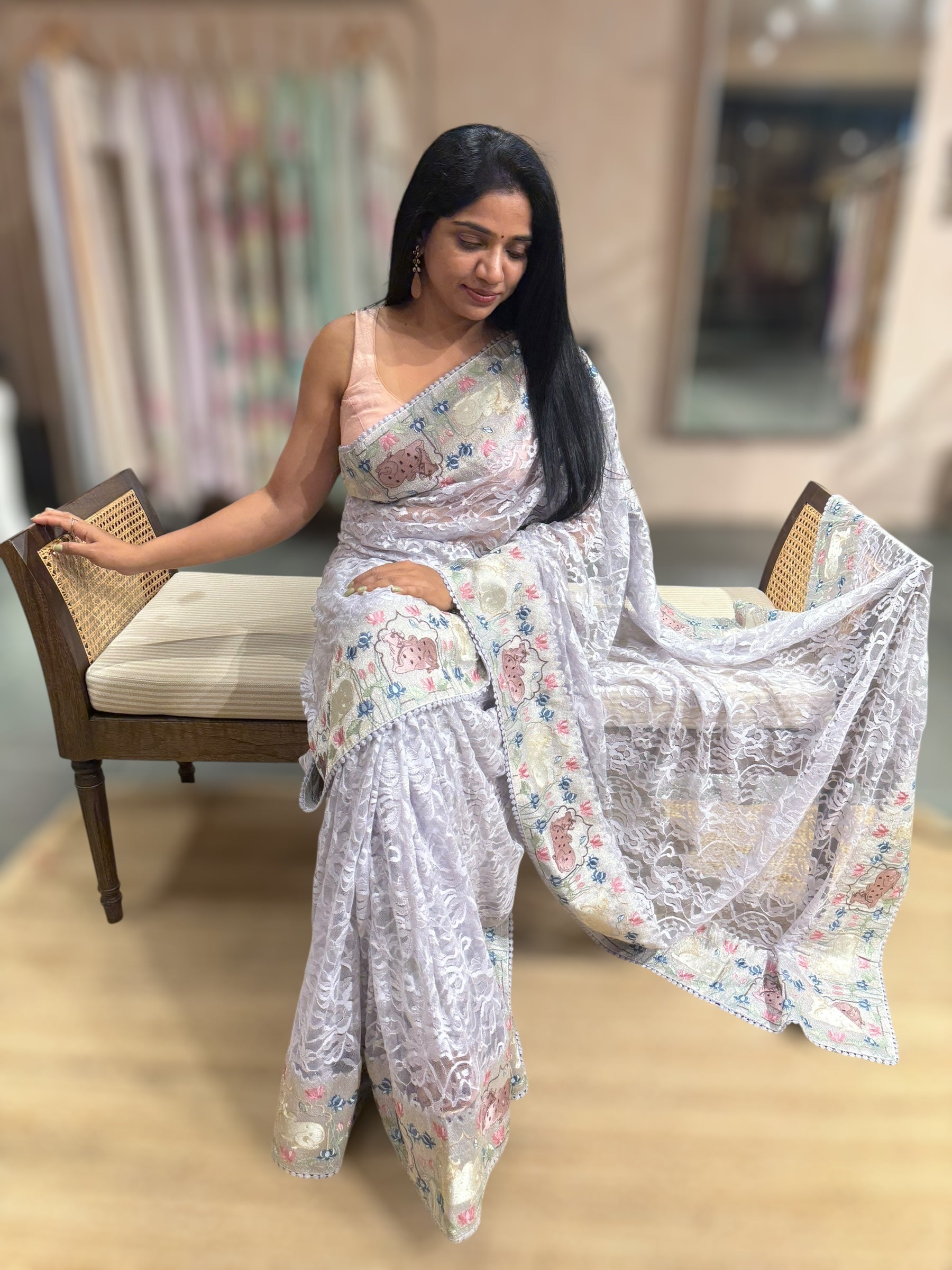 Light Lilac Chantilly Lace Saree With Tissue Nandi  Embroidered Border