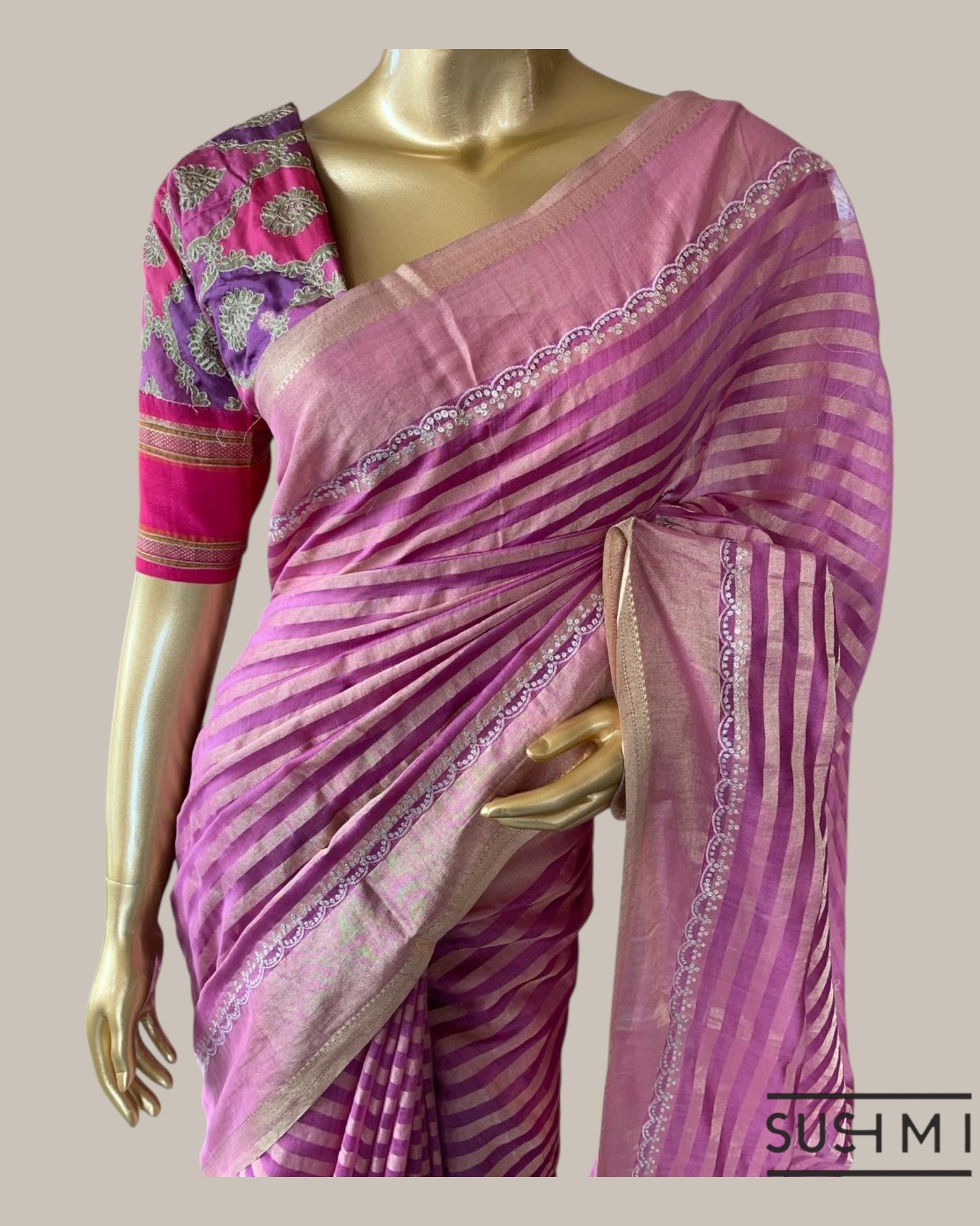 Chanderi Tissue Stripes Saree With Pitawork Scallop Borer