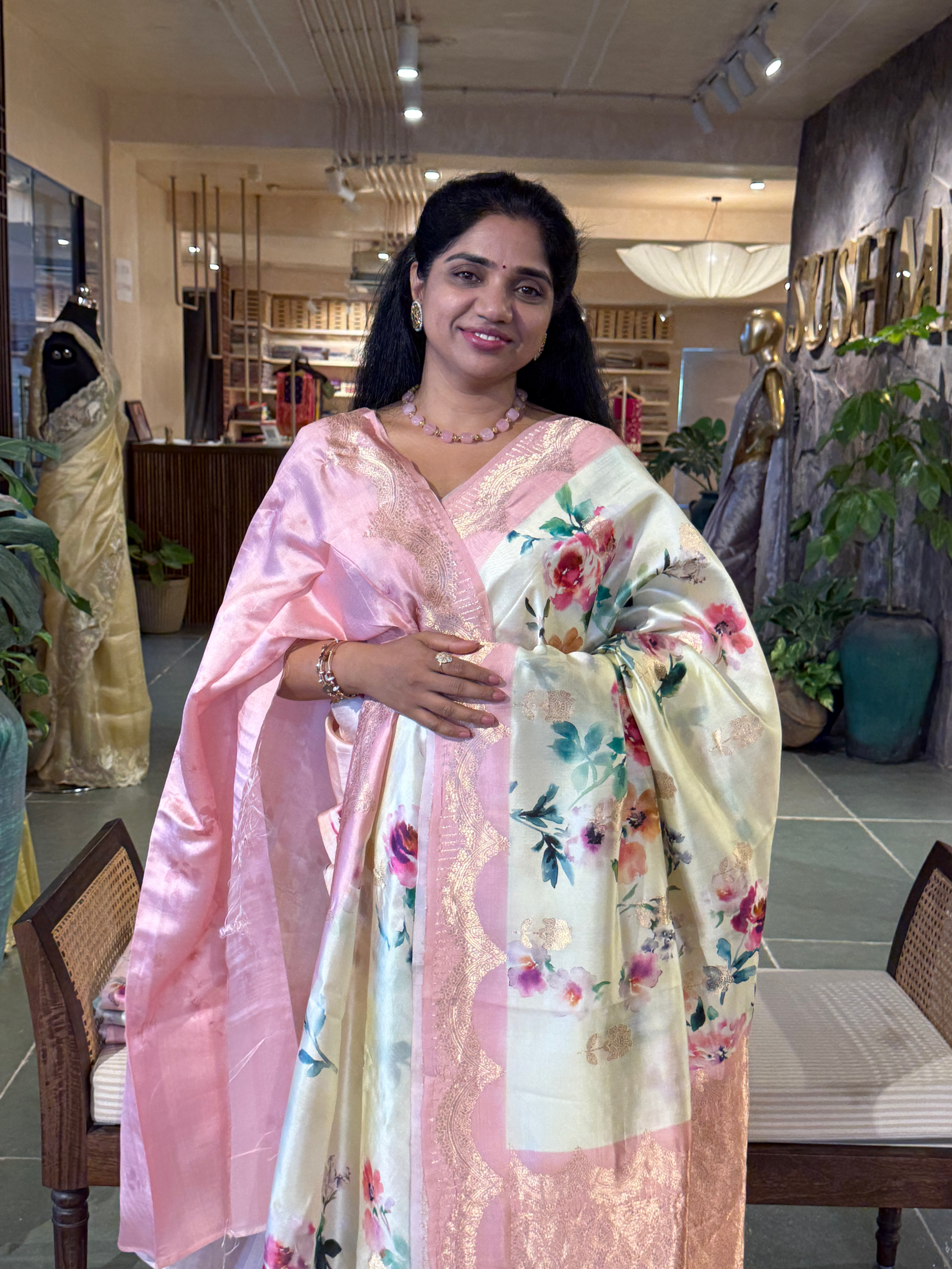 Banarasi Soft Silk Printed Saree With Scalloped Woven Zari Border