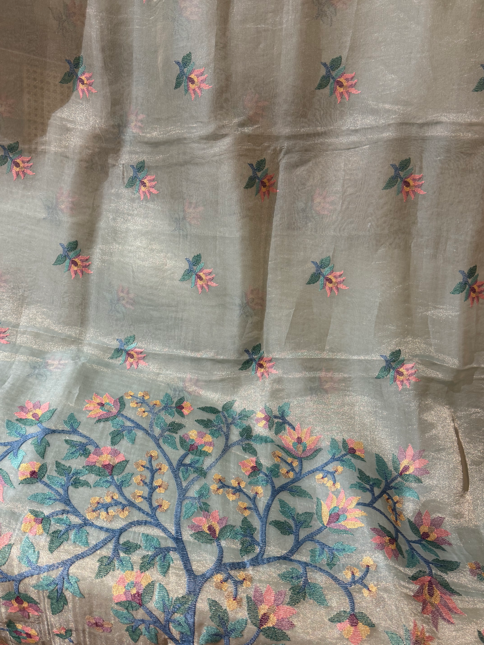 STJA209 :  Light Sea Blue Tissue With Jamdani Look Embroidery