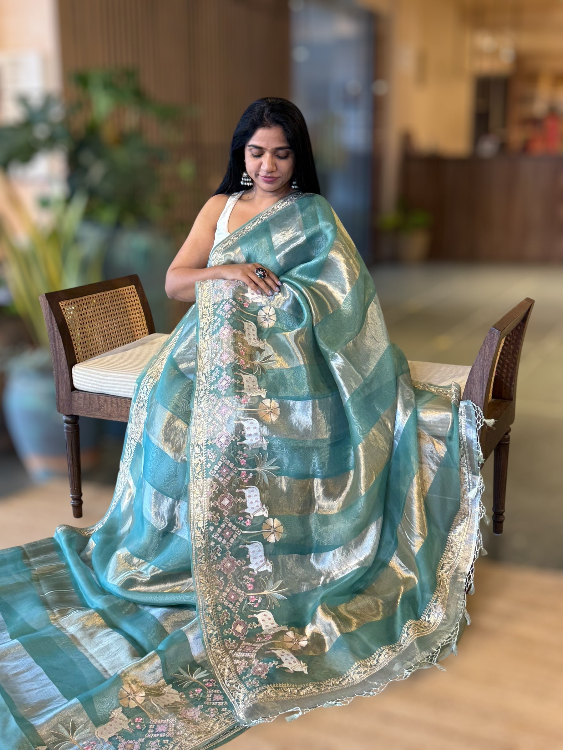Teal Tissue Stripes Saree With Jamdani  & Pichwai embroidered Border
