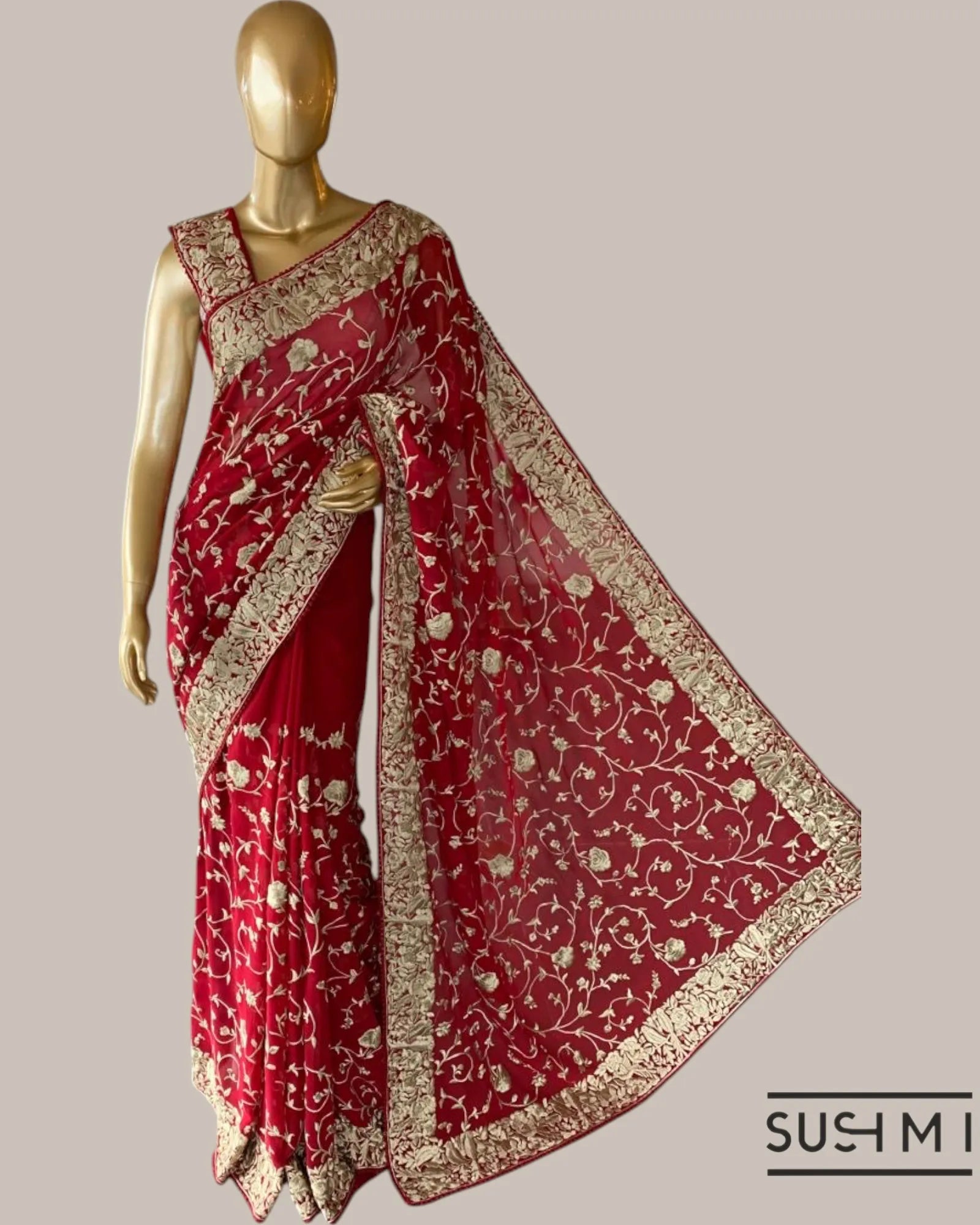 Ruby Pink Pure Gorgette Saree With Parsi Gara Style Allover Embroidery   Origina