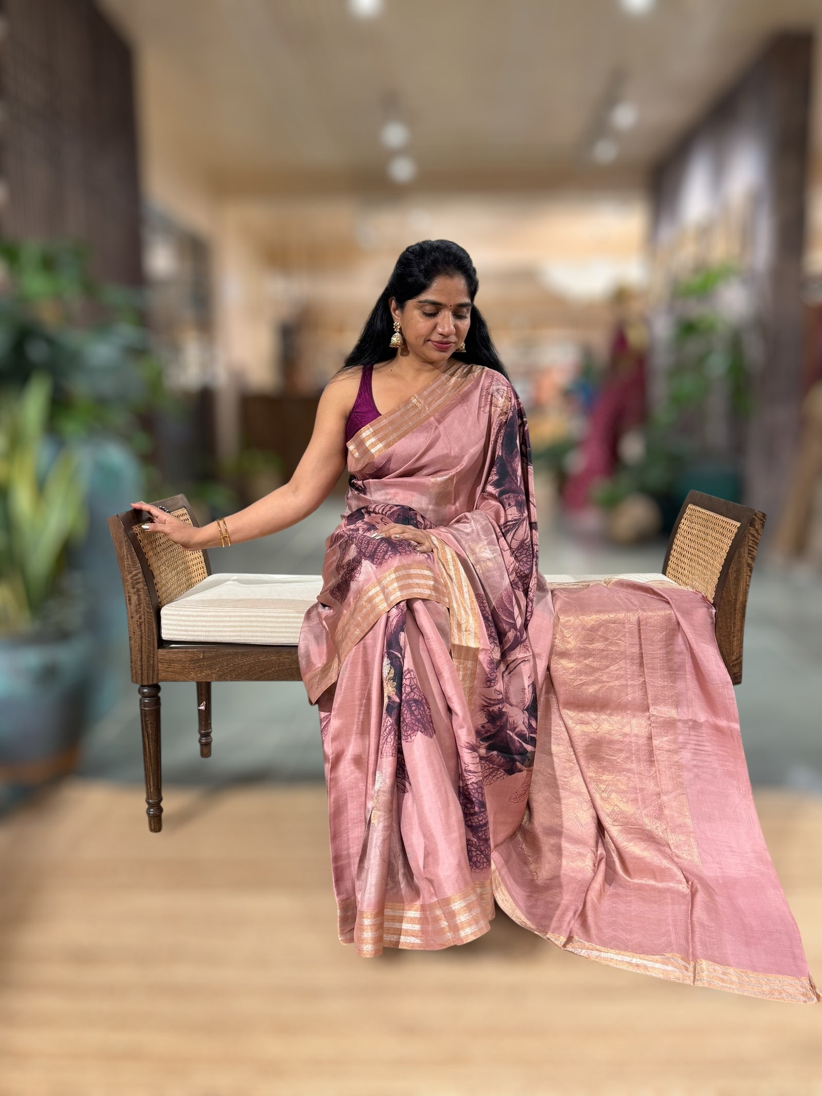 Onion Pink Printed Kanchi Soft Silk Saree with Bold Rose Flower Print.