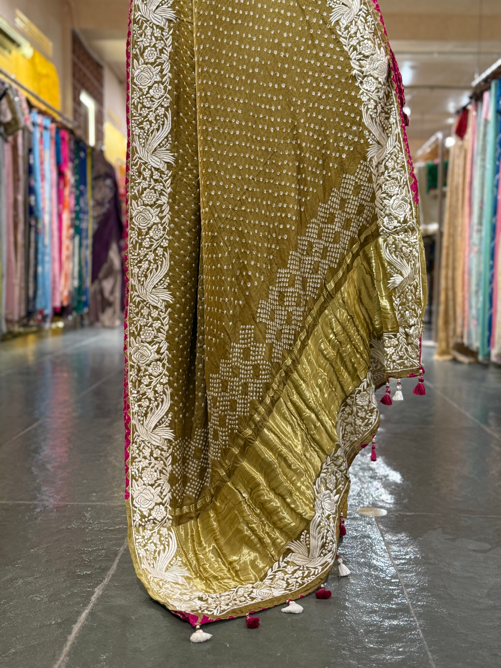 Mehendi Green Pure Gajji Silk Kutch Bandhej Saree with Parsi Gara Embroidery