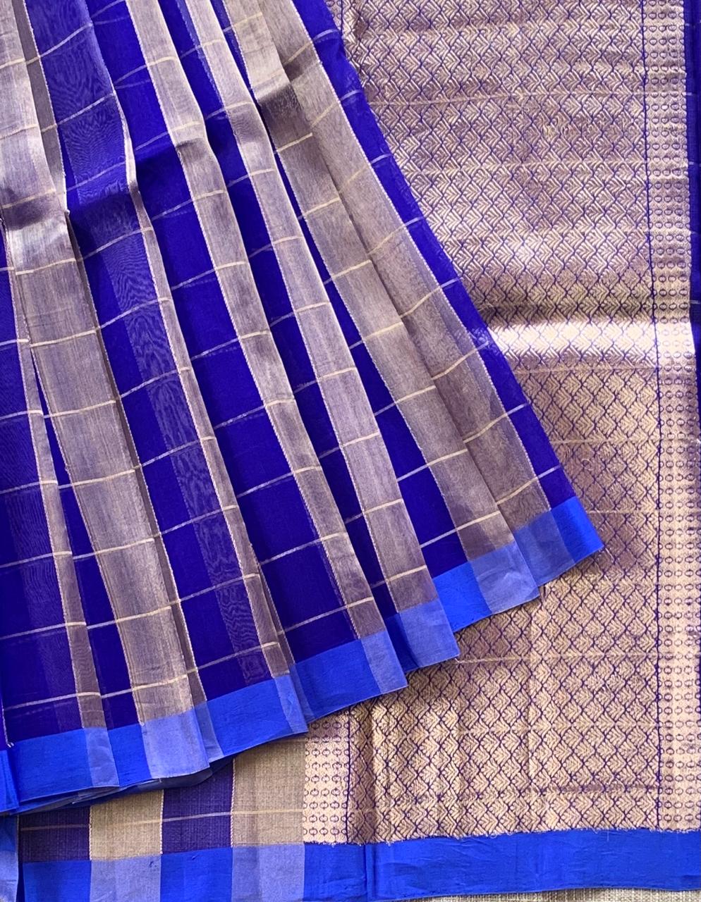 Royal Blue Pure Handloom Banarasi Kora Tissue Checks Saree