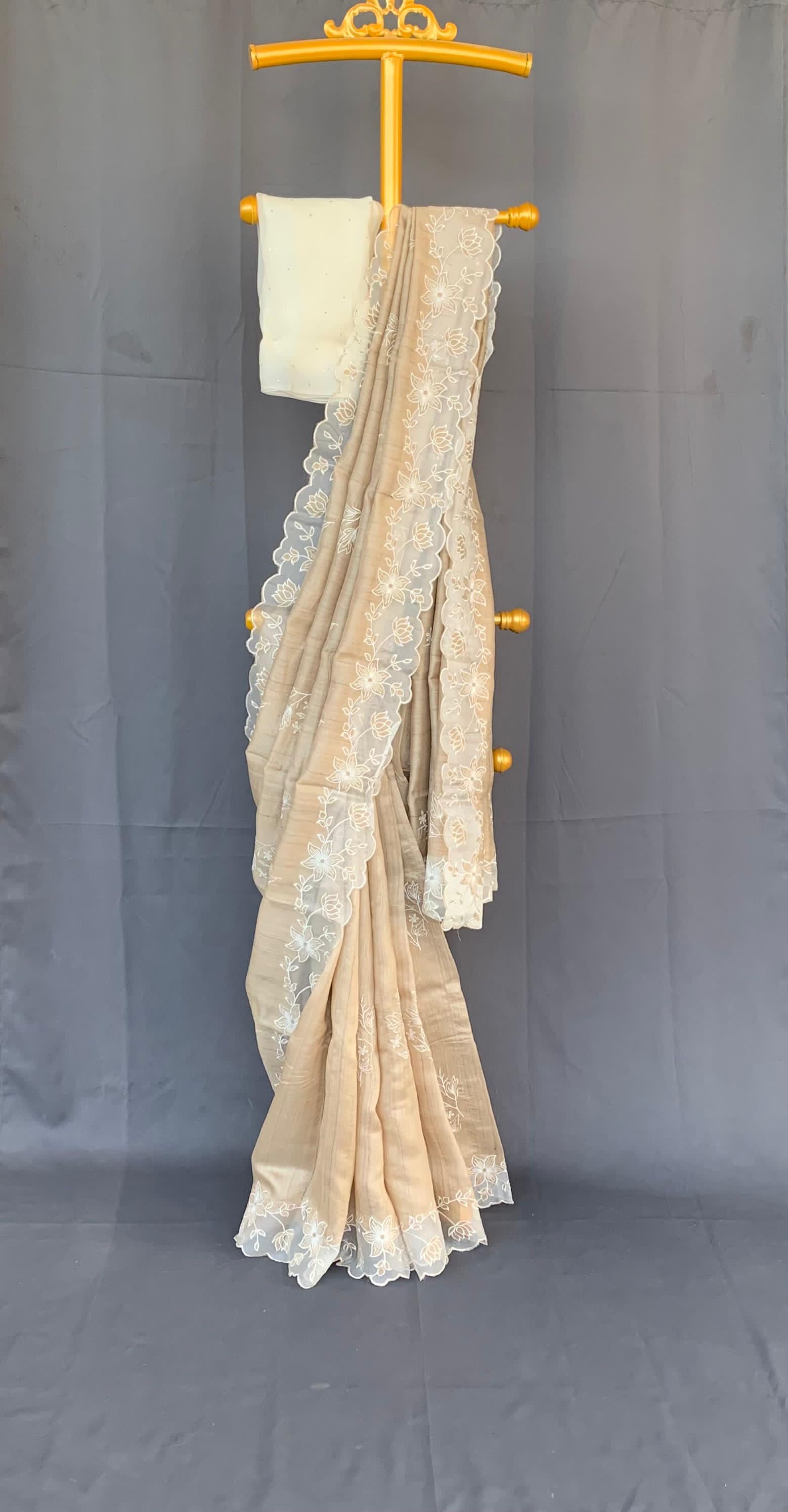 Pure handloom Tussar Designer Saree with Organza Applique Cutwork Border